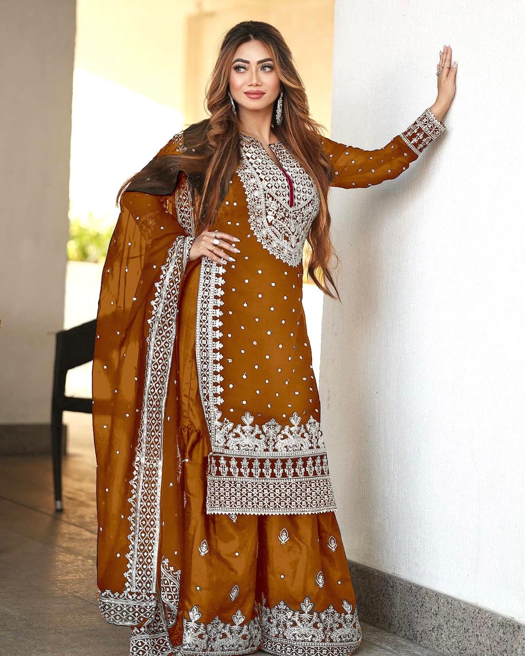 Captivating Work Mustard Color Party Wear Sharara Suit