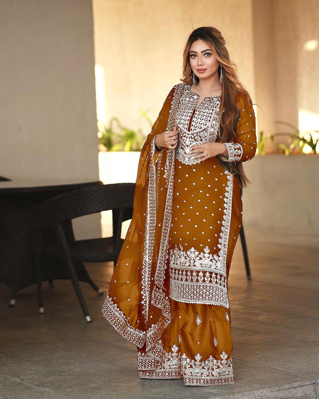 Captivating Work Mustard Color Party Wear Sharara Suit