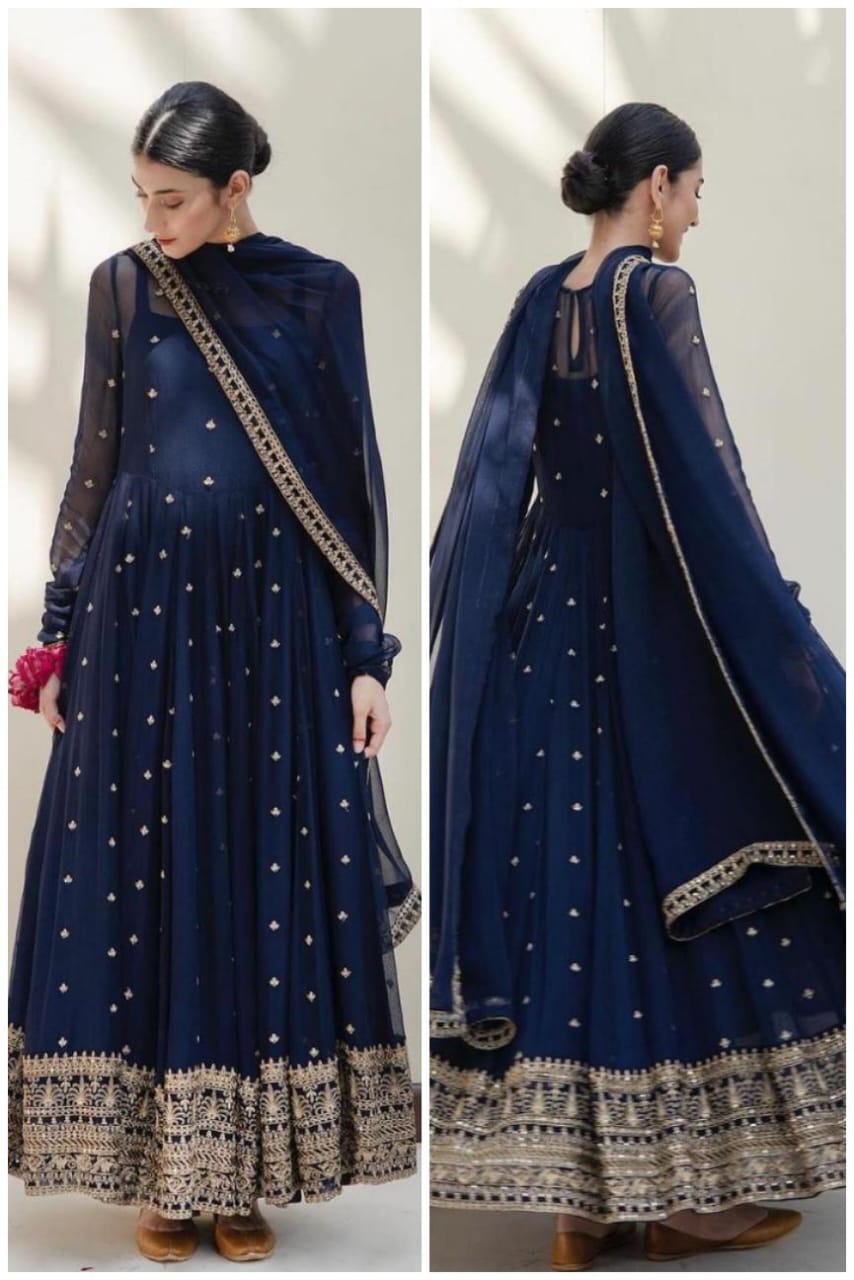 Fancy Neck Pattern Navy Blue Color Work Gown