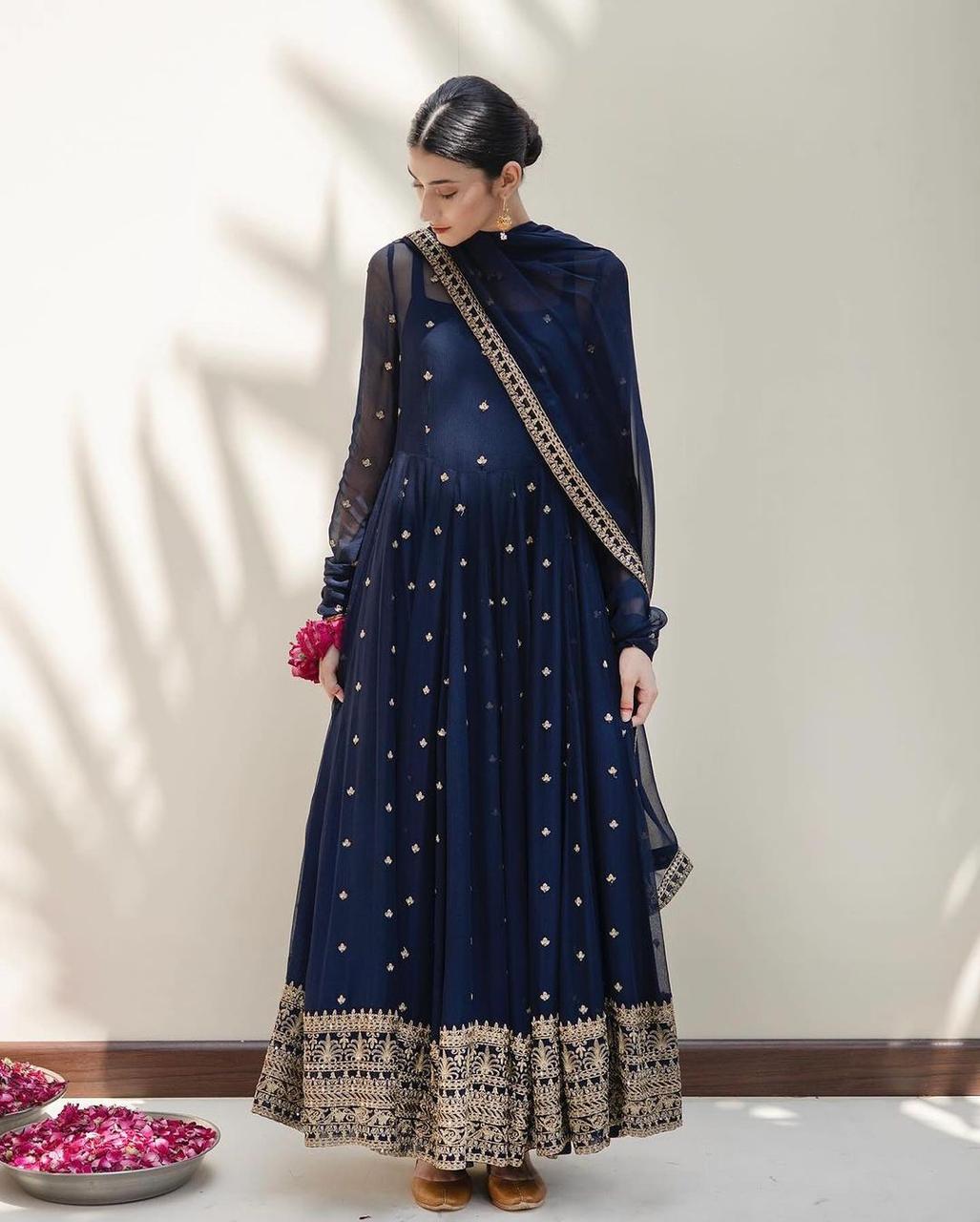 Fancy Neck Pattern Navy Blue Color Work Gown