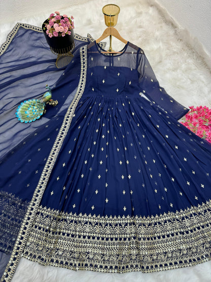 Fancy Neck Pattern Navy Blue Color Work Gown