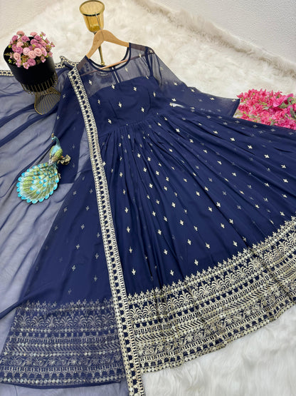 Fancy Neck Pattern Navy Blue Color Work Gown