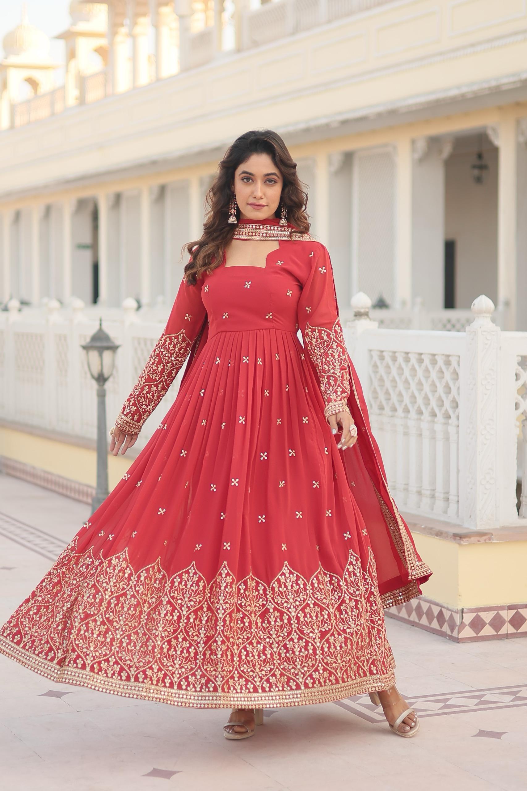 Designer Neck Pattern Full Embroidery Work Orange Red Anarkali Gown