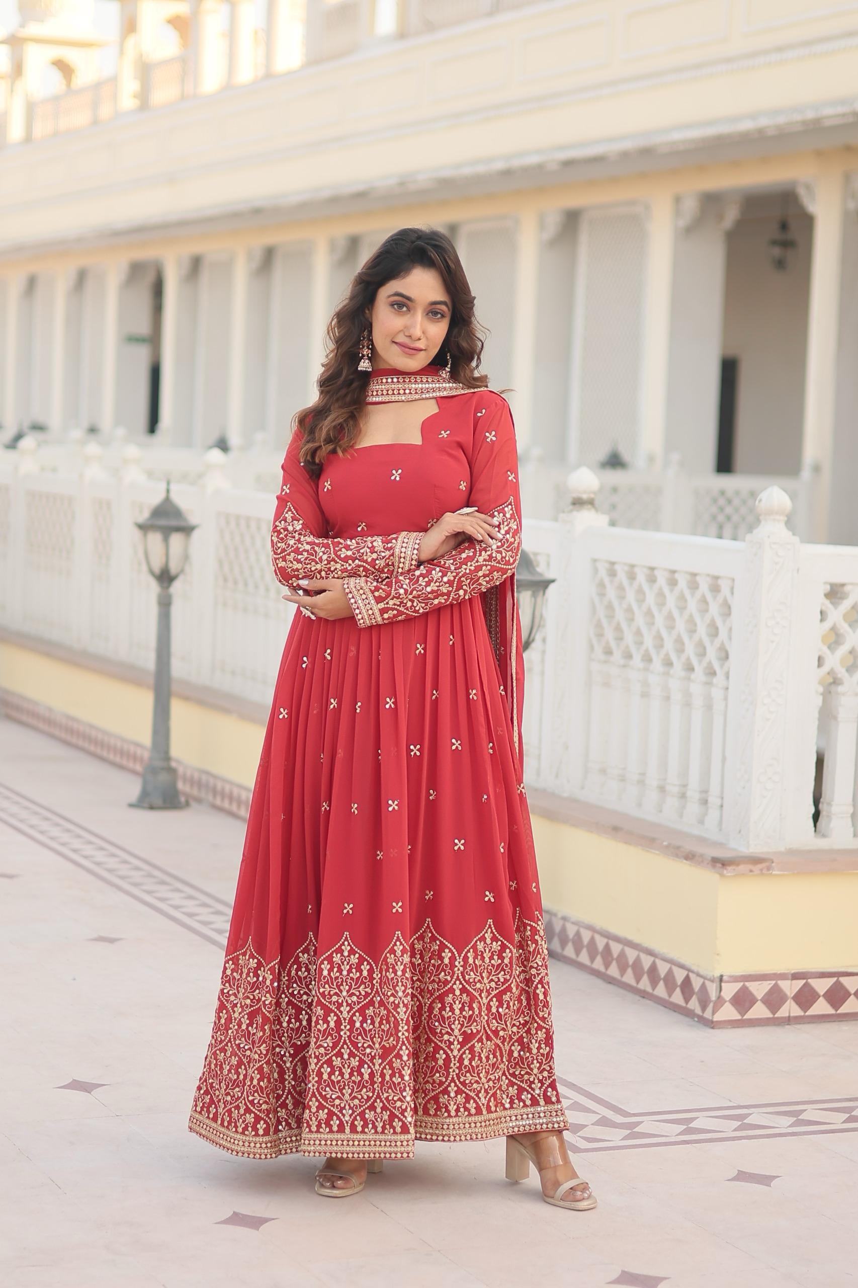 Designer Neck Pattern Full Embroidery Work Orange Red Anarkali Gown