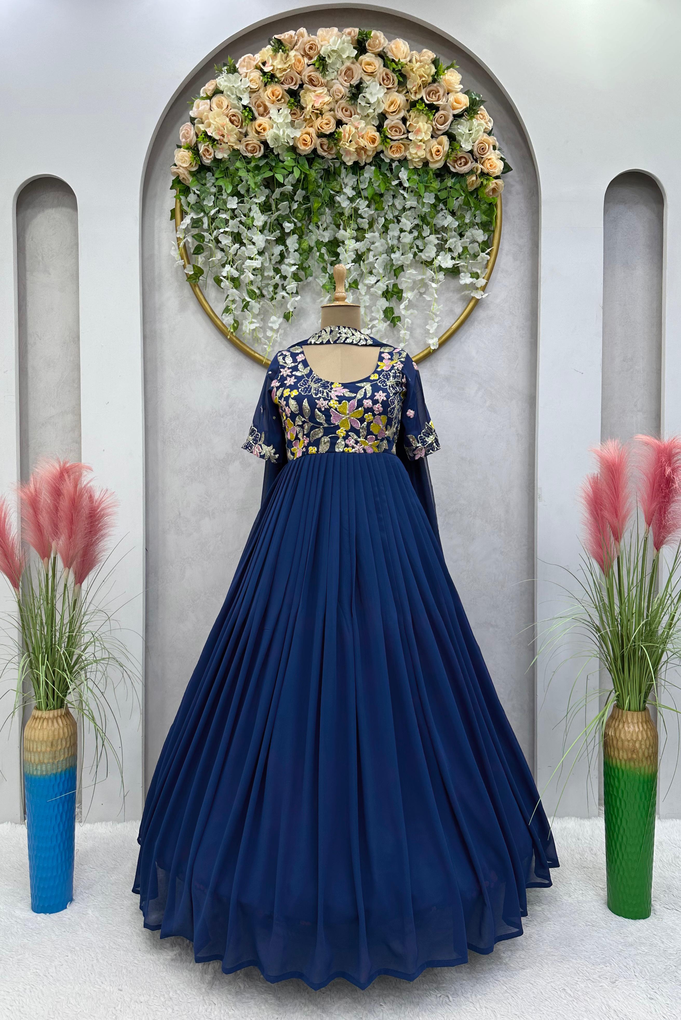 Designer Thread With Sequence Work Blue Long Gown With Dupatta