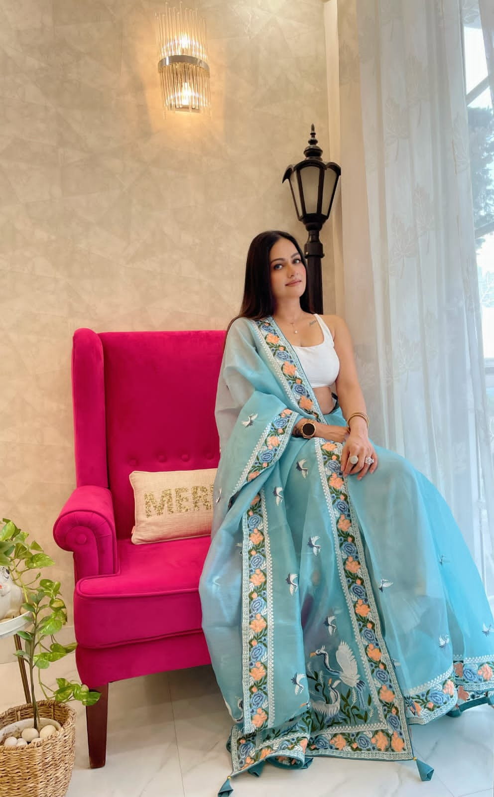 Sky Blue Color Soft Organza Silk Multi Thread Work Saree