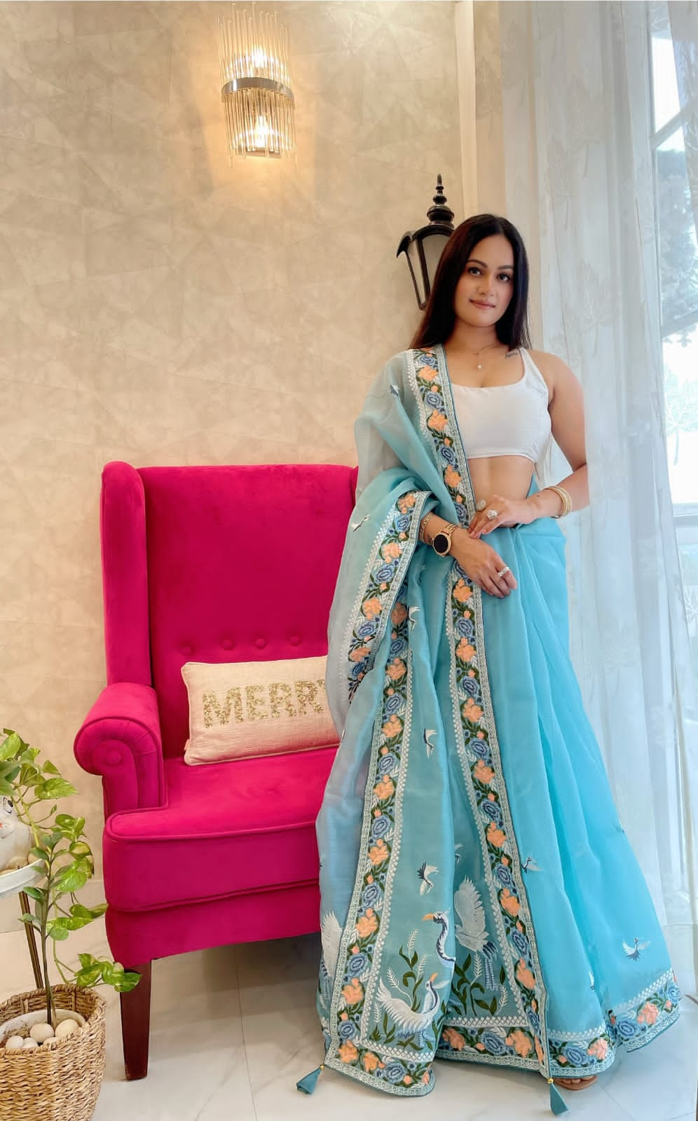 Sky Blue Color Soft Organza Silk Multi Thread Work Saree