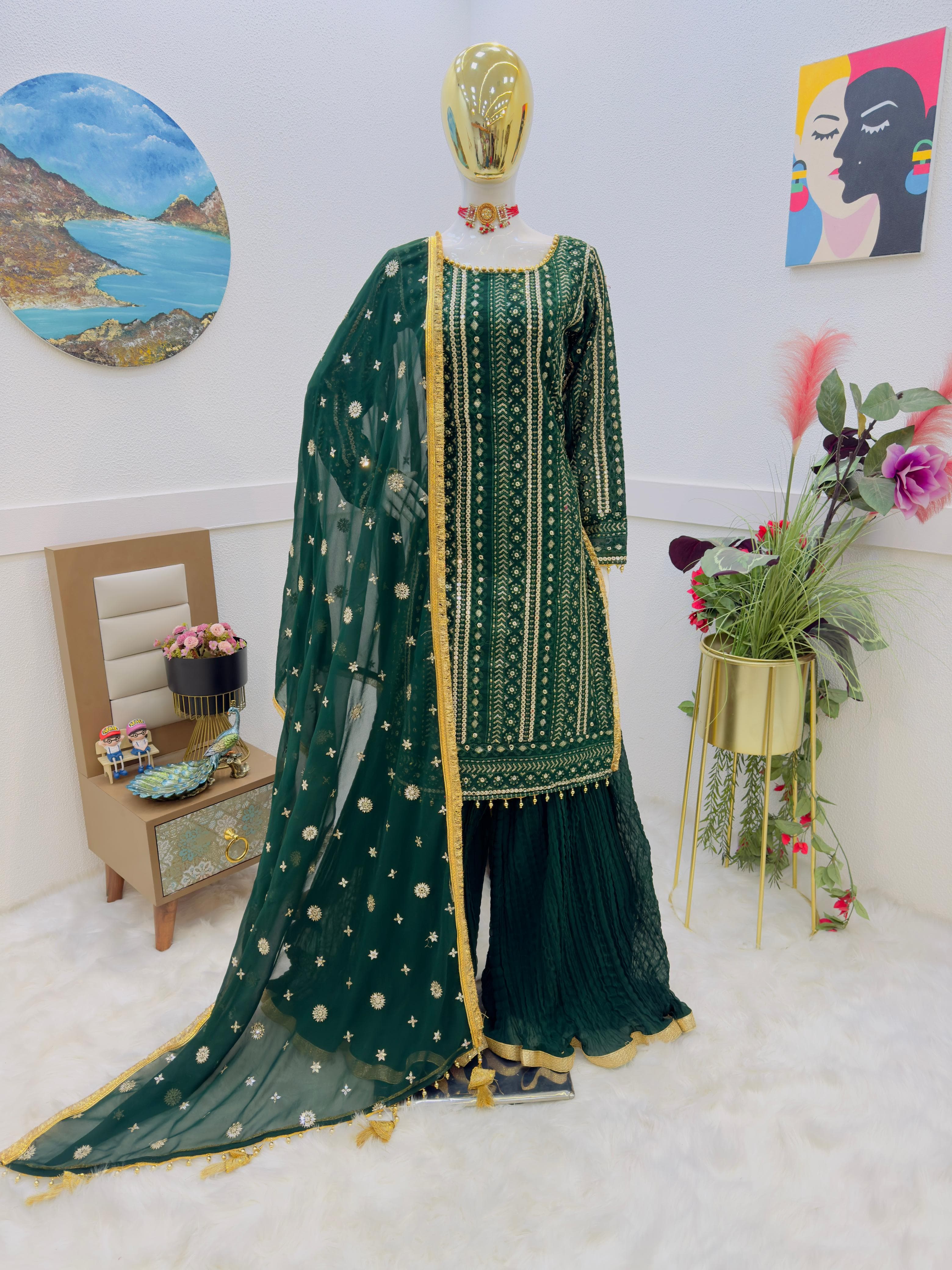 Green Color Embroidery Work Top With Crushed Sharara Suit