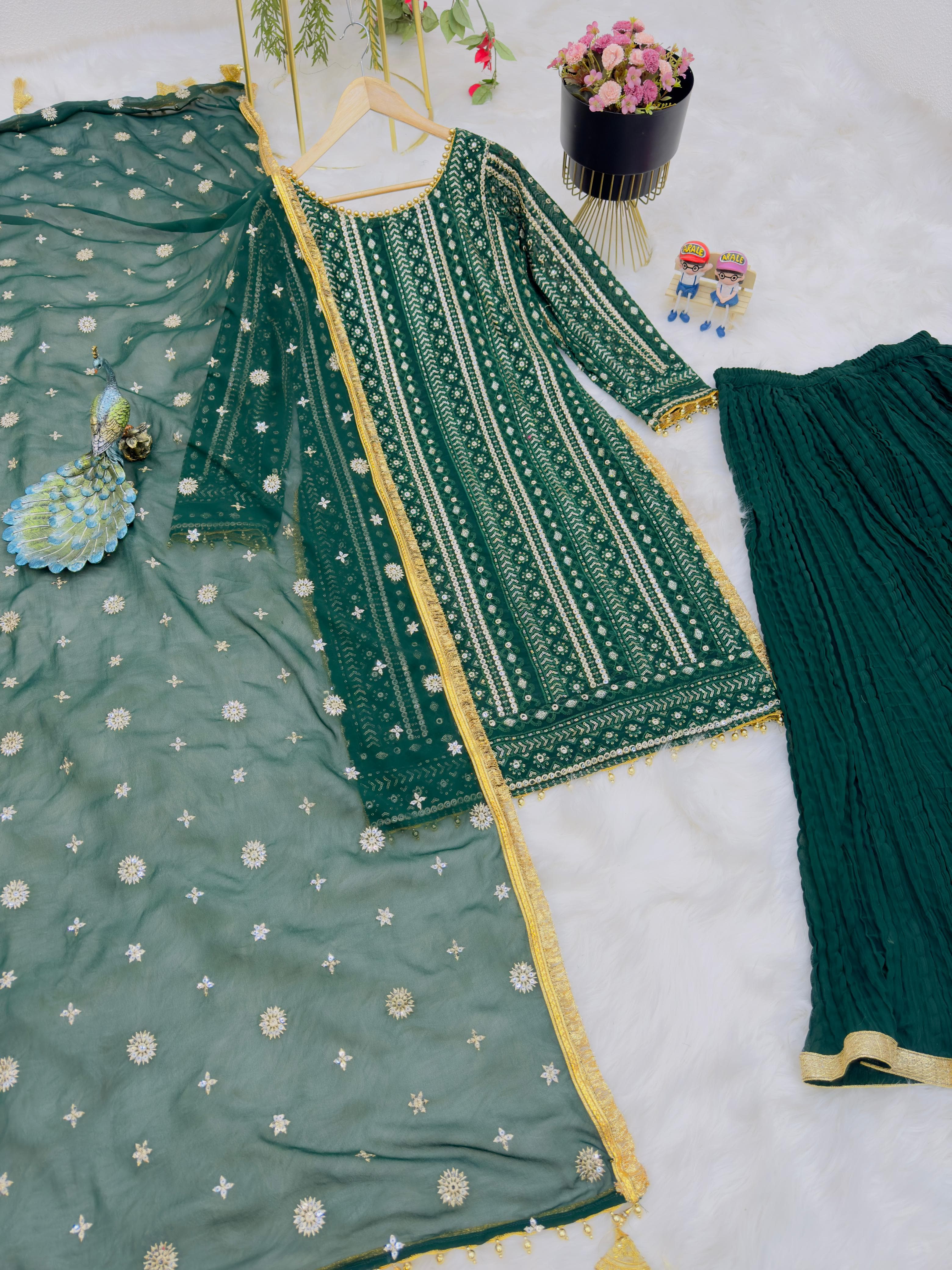 Green Color Embroidery Work Top With Crushed Sharara Suit