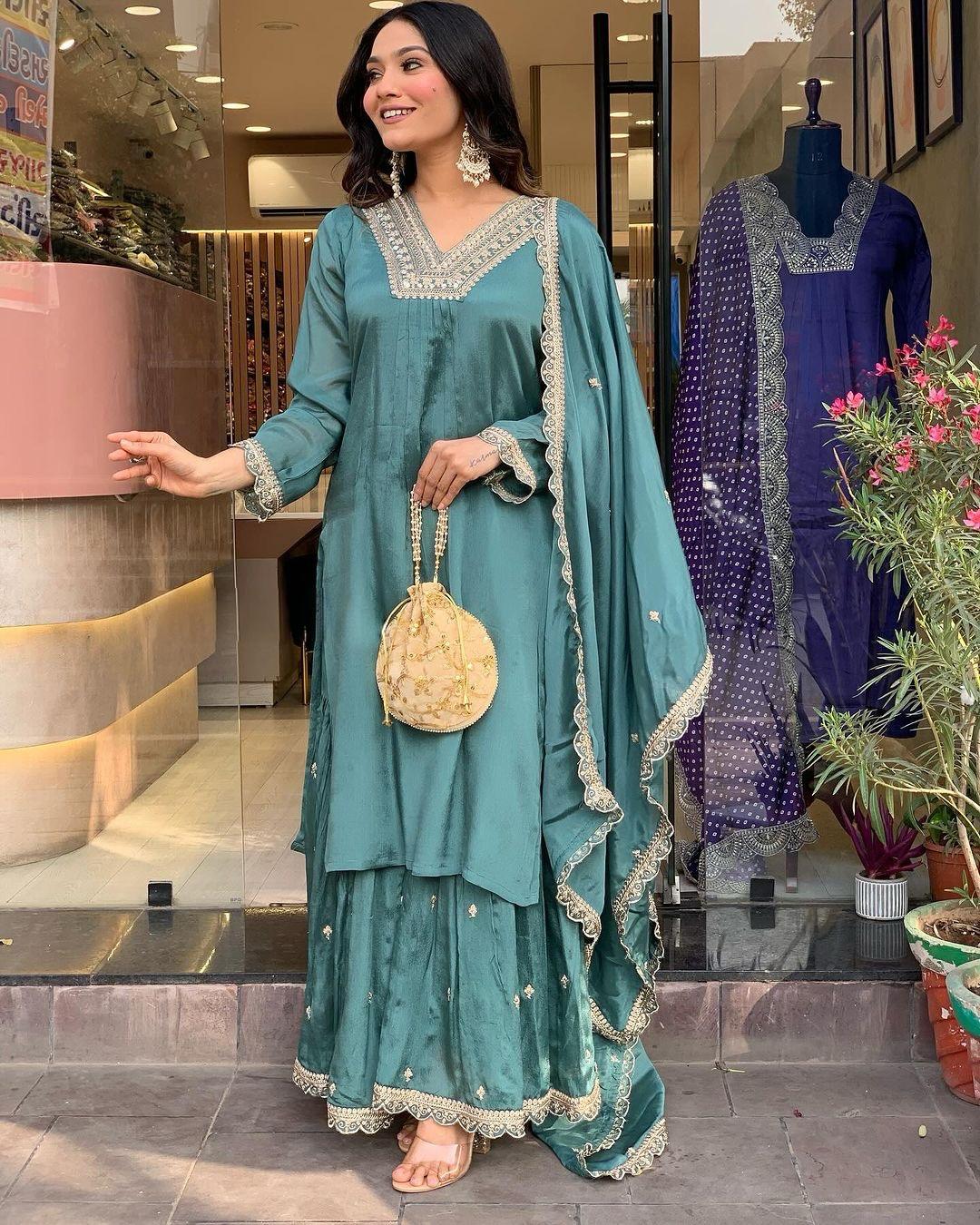 Casual Wear Aqua Green Color Work Sharara Suit