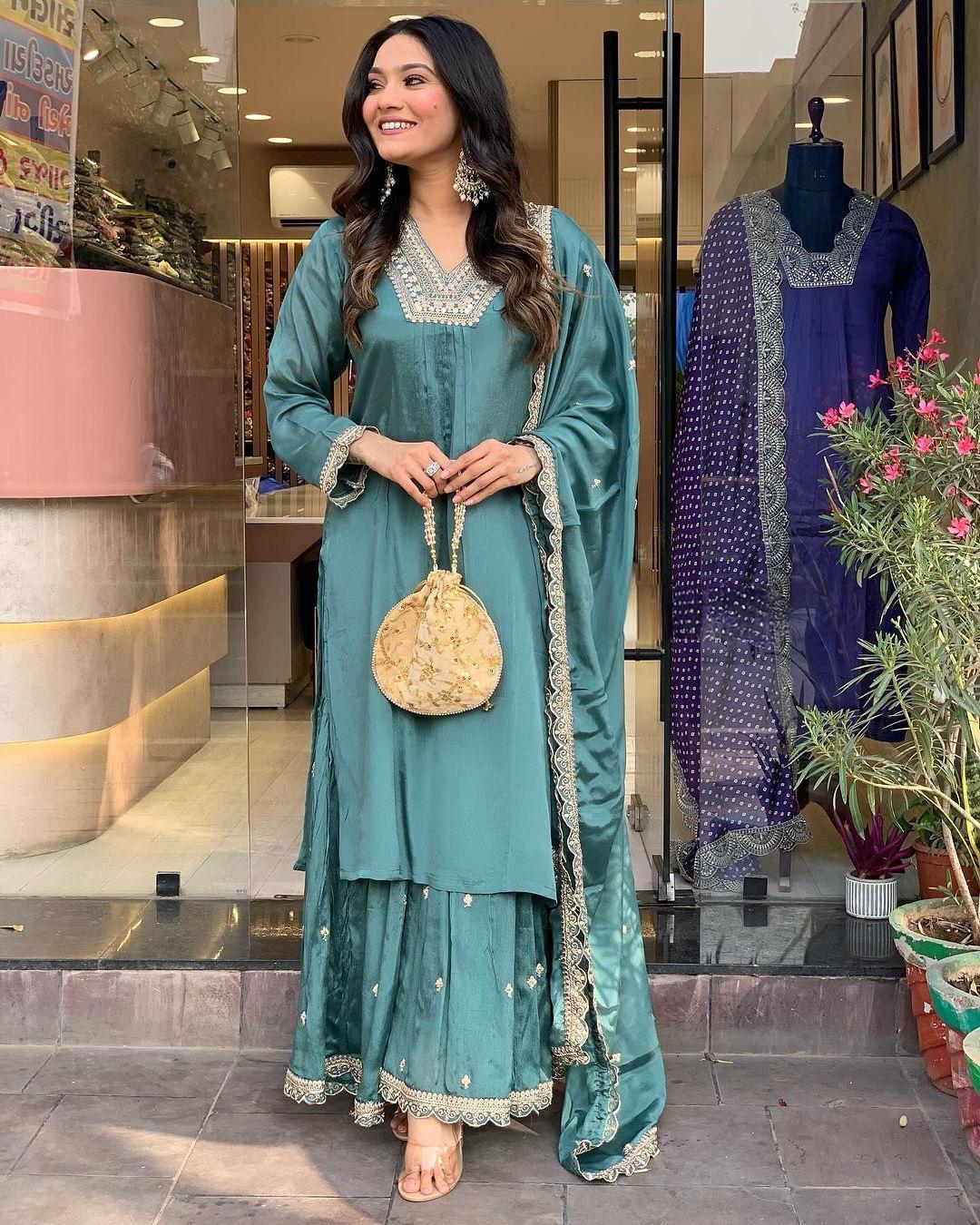 Casual Wear Aqua Green Color Work Sharara Suit