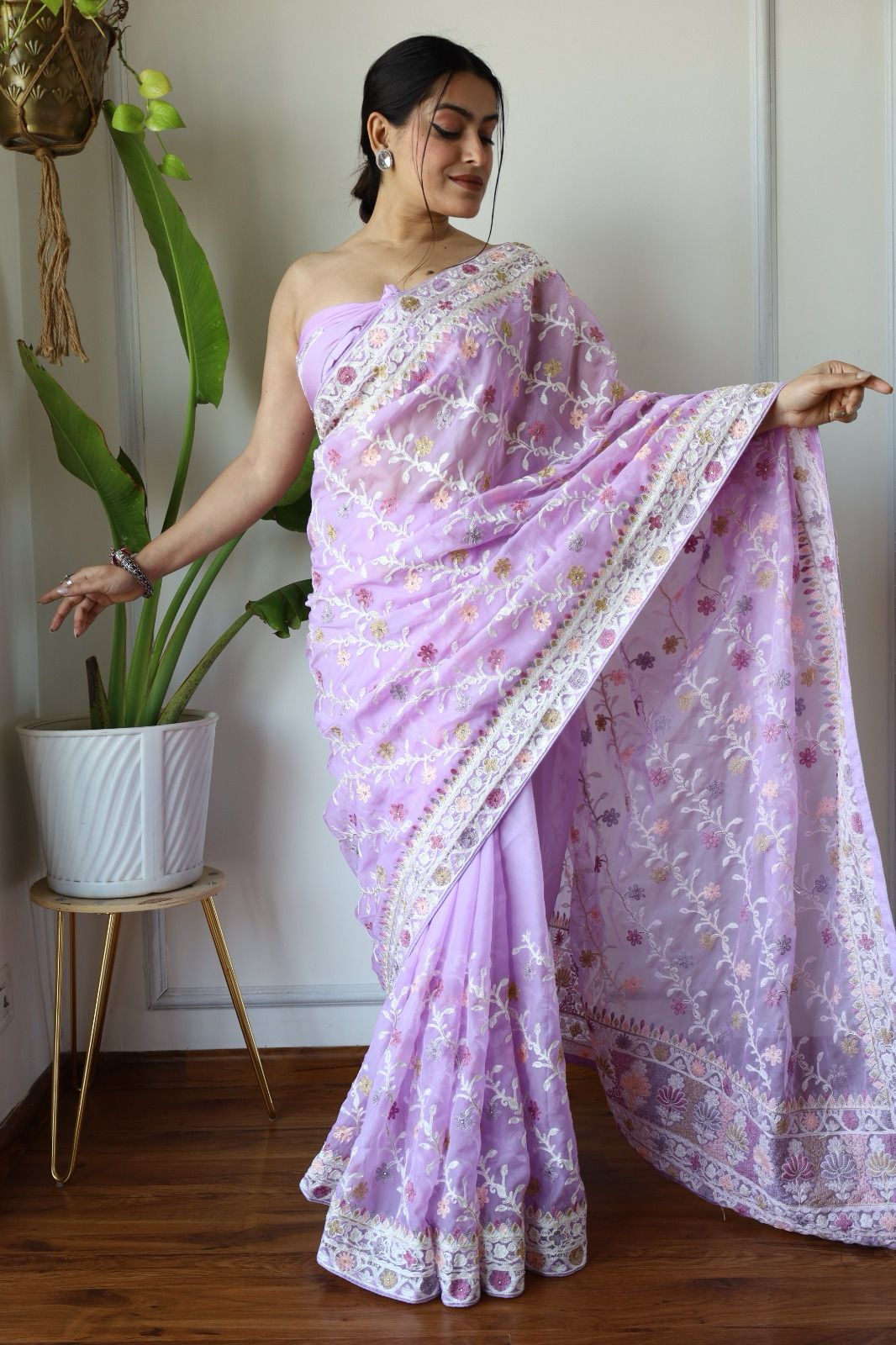 Beautiful Multi color Thread Work Lavender Color Organza Saree