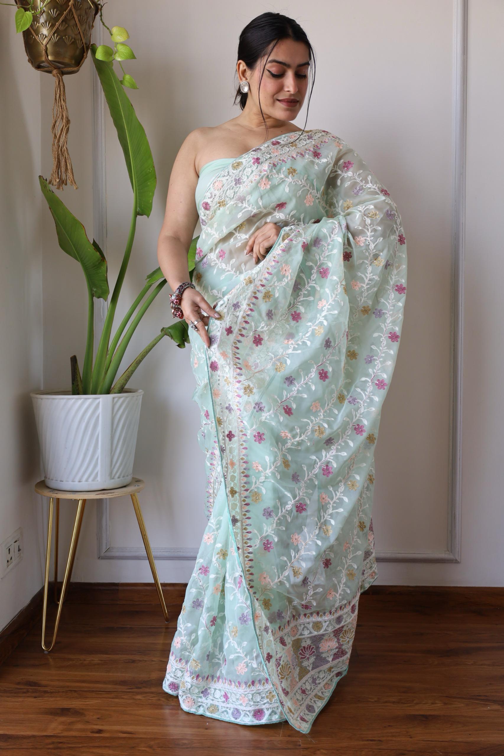 Beautiful Multi color Thread Work Pista Color Organza Saree