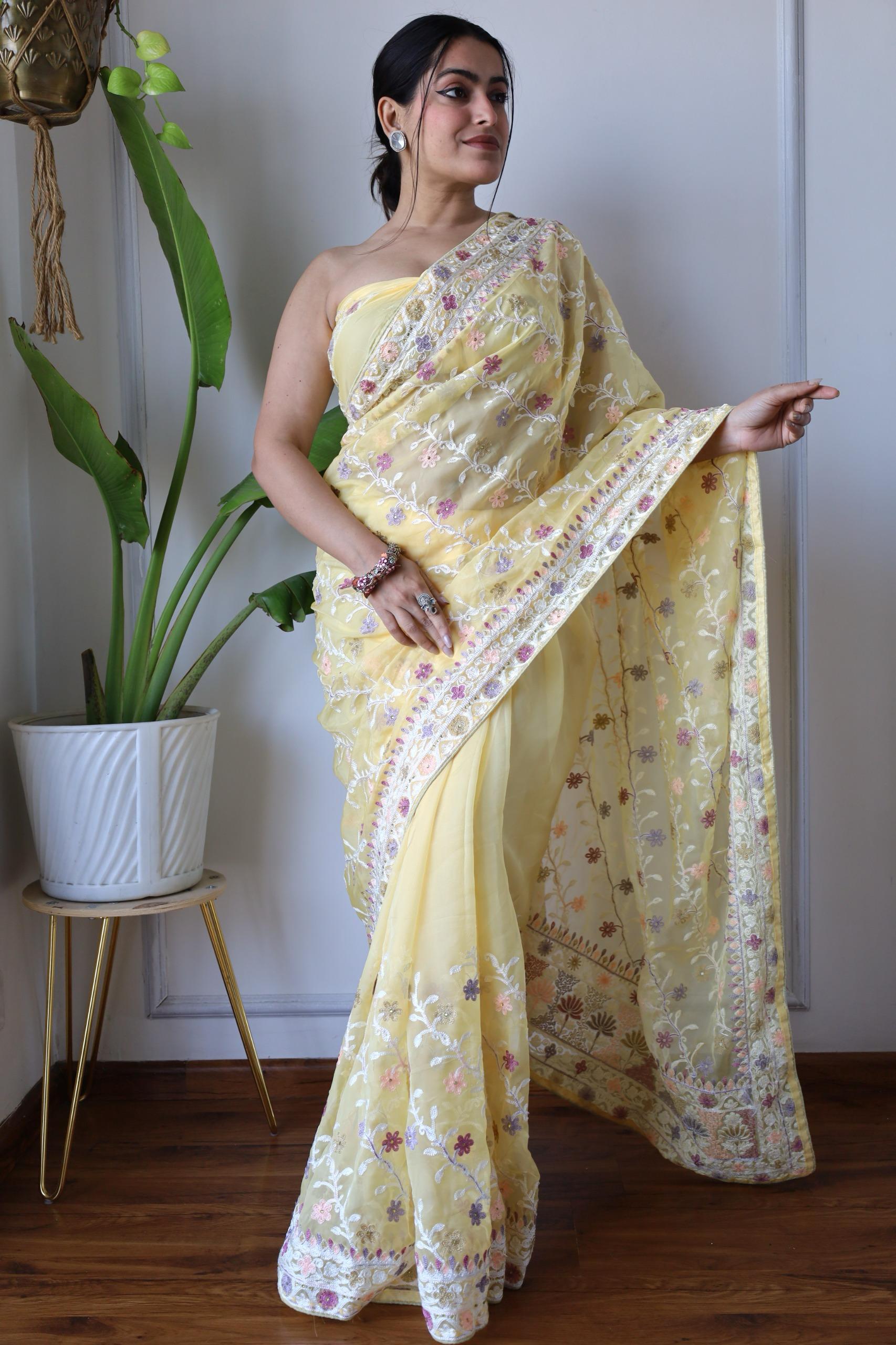 Beautiful Multi color Thread Work Yellow Color Organza Saree