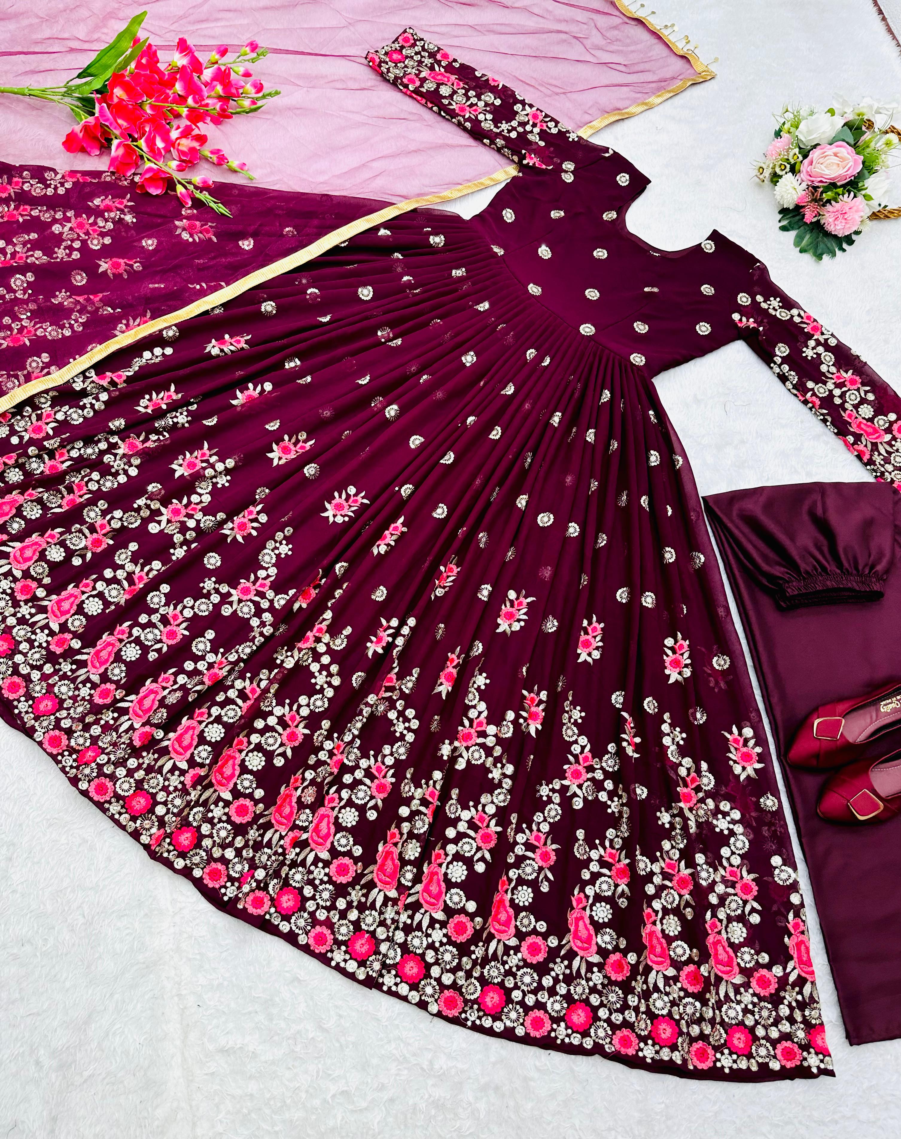 Demanding Wine Sequence Embroidery Work Anarkali Gown