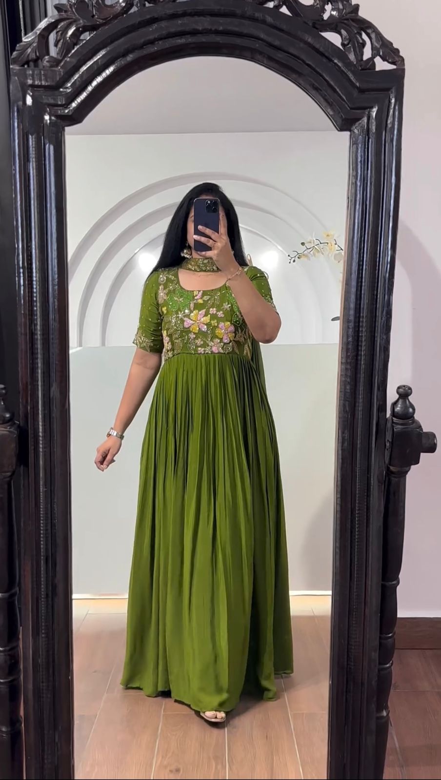 Designer Thread With Sequence Work Green Long Gown With Dupatta