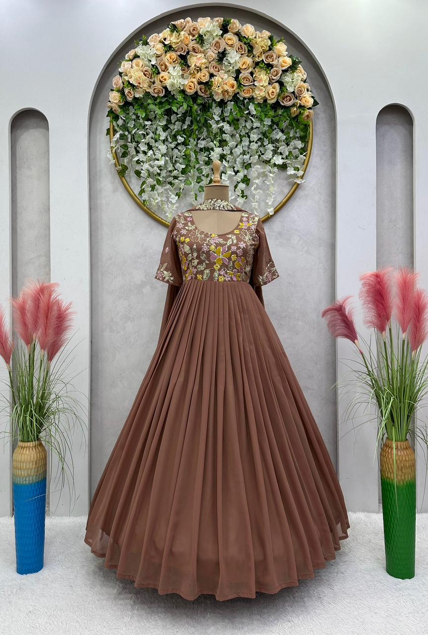 Designer Thread With Sequence Work Brown Long Gown With Dupatta