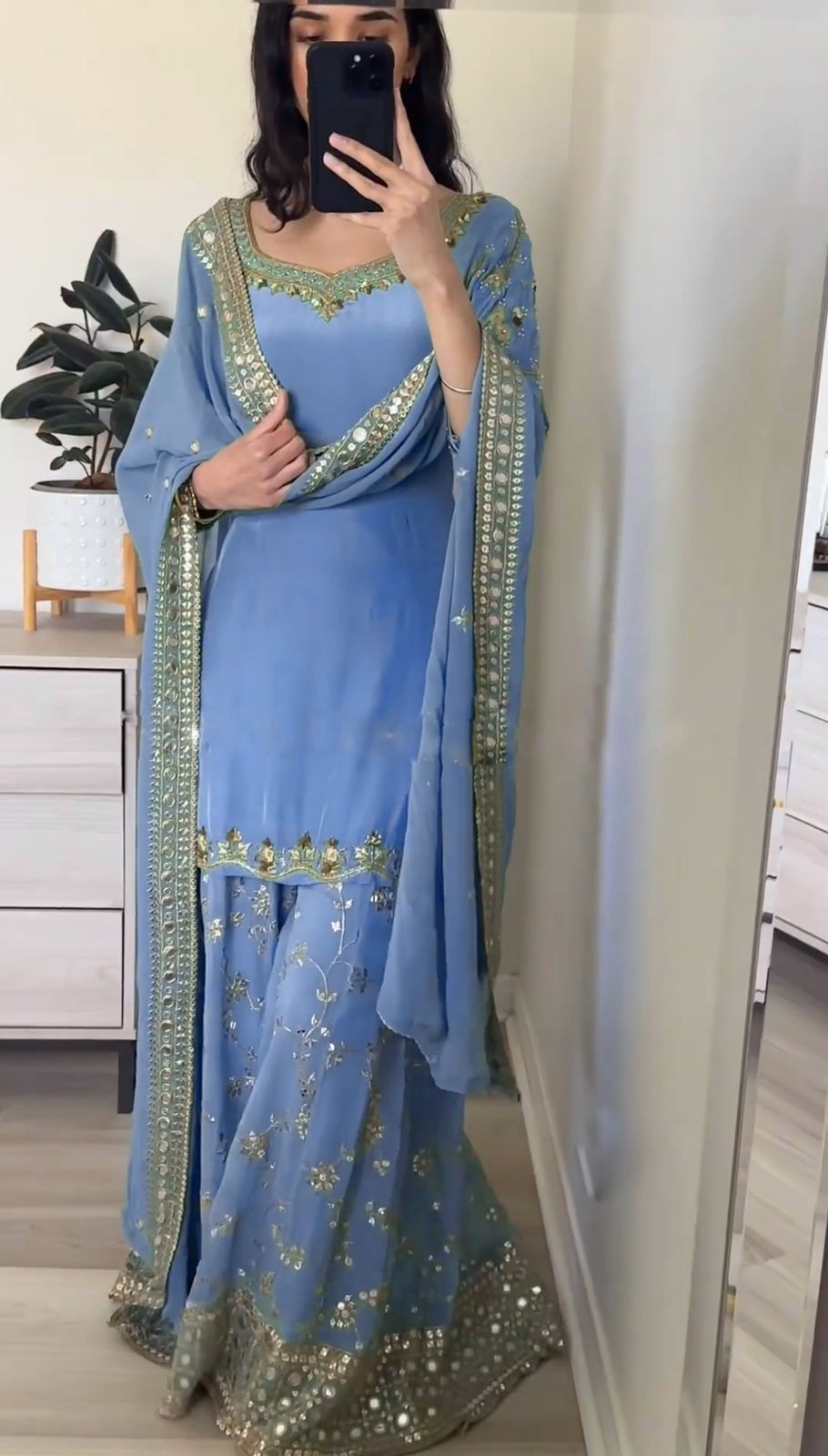 Sky Blue Color Sequence Embroidery Sharara Suit