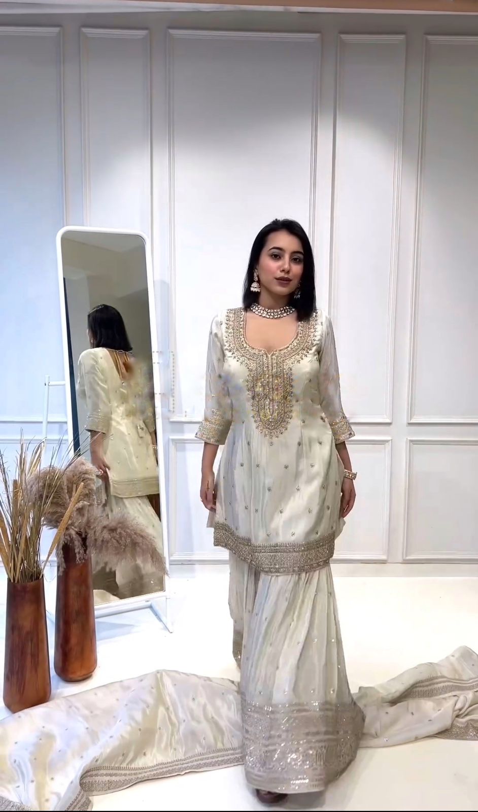 Designer White Color Embroidery Work Sharara Suit