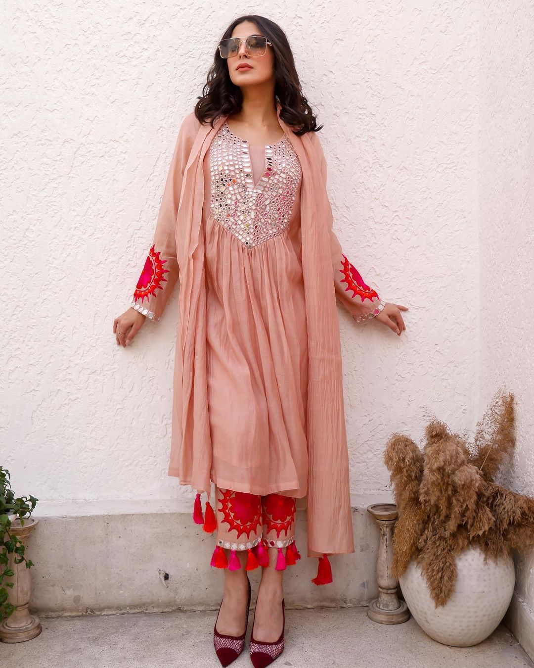 Amazing Peach Color Thread With Mirror Work Top Pant With Dupatta