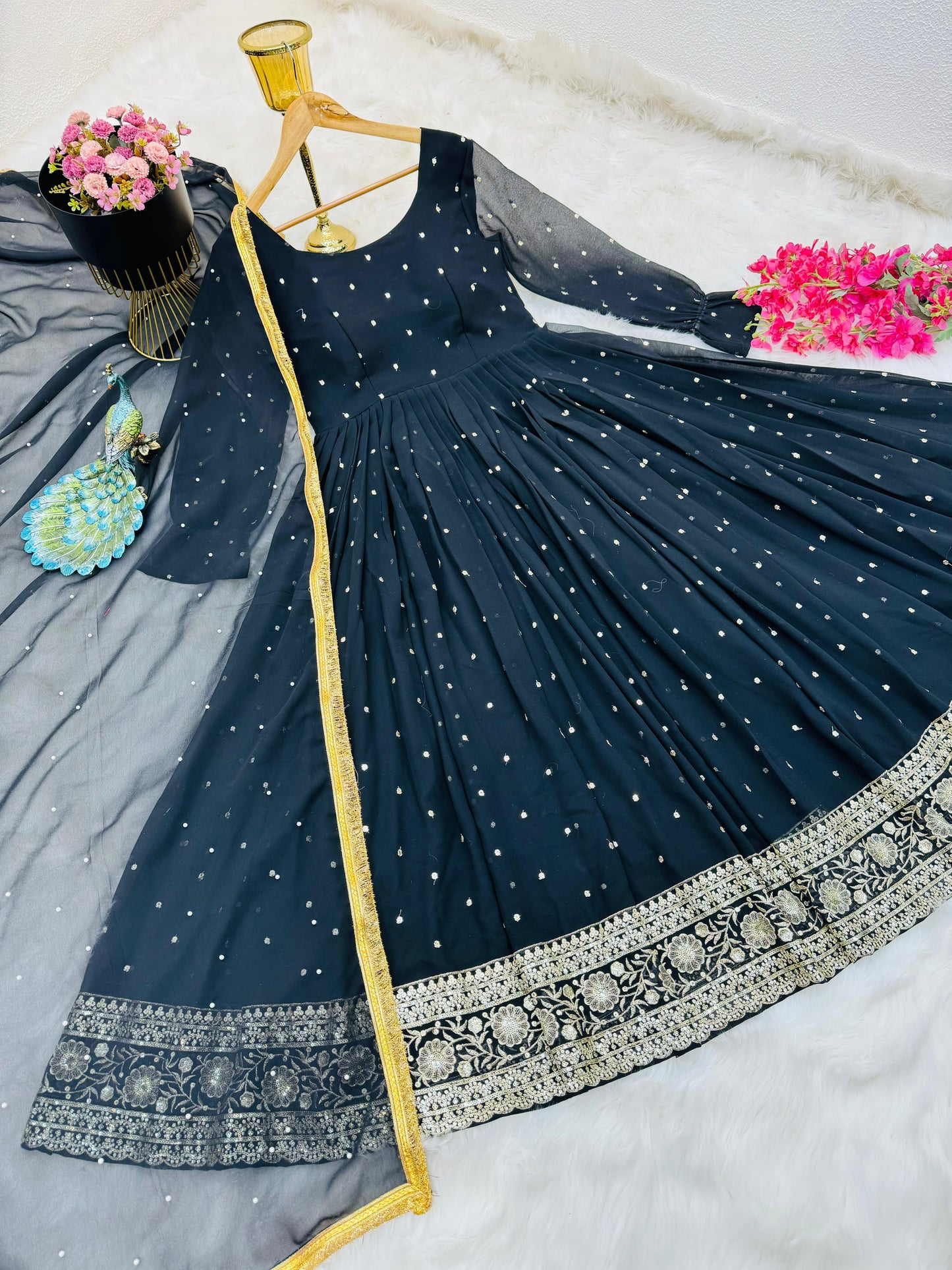 Designer Party Wear Embroidery Work Black Color Gown