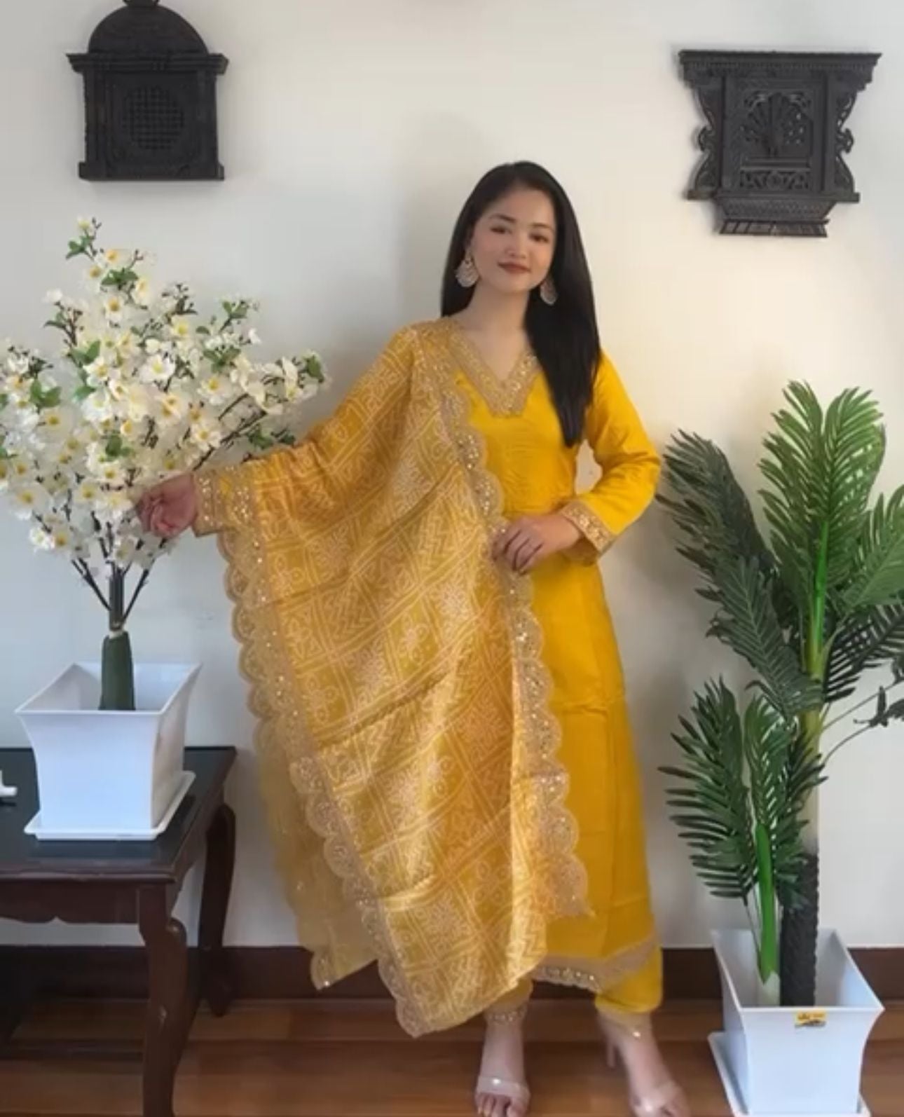 Neck Pattern Work Yellow Salwar Suit With Bandhani Dupatta