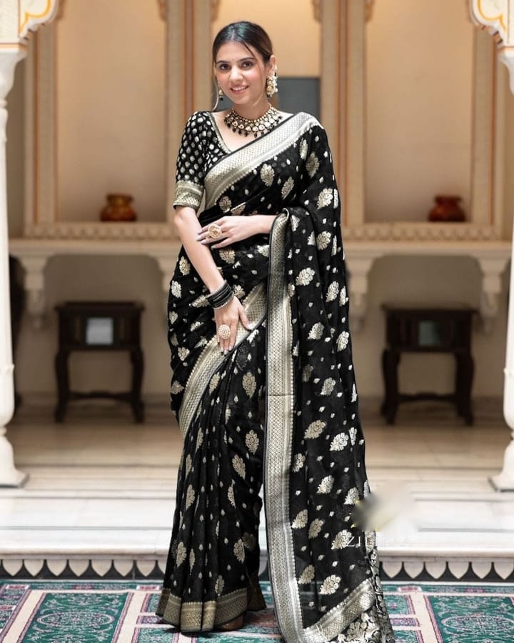 Traditional Wear Jacquard Border Black Color Saree