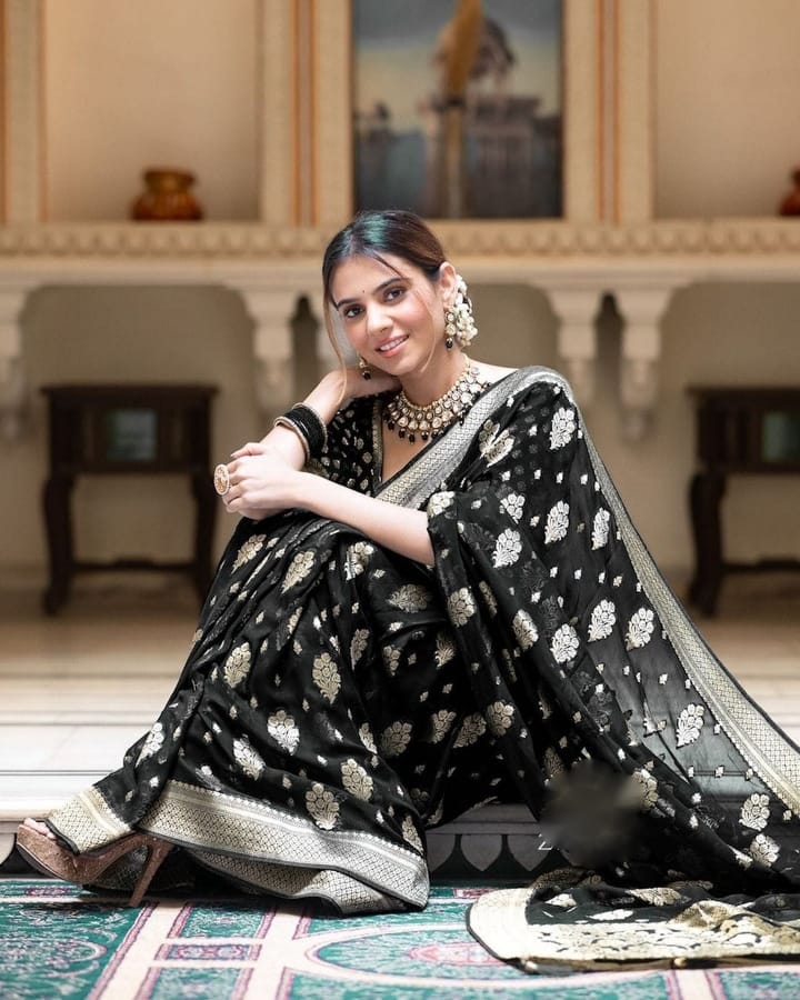 Traditional Wear Jacquard Border Black Color Saree