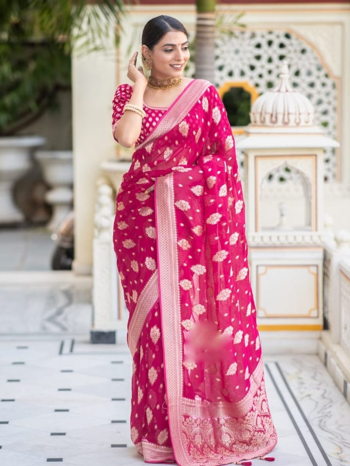 Traditional Wear Jacquard Border Dark Pink Color Saree