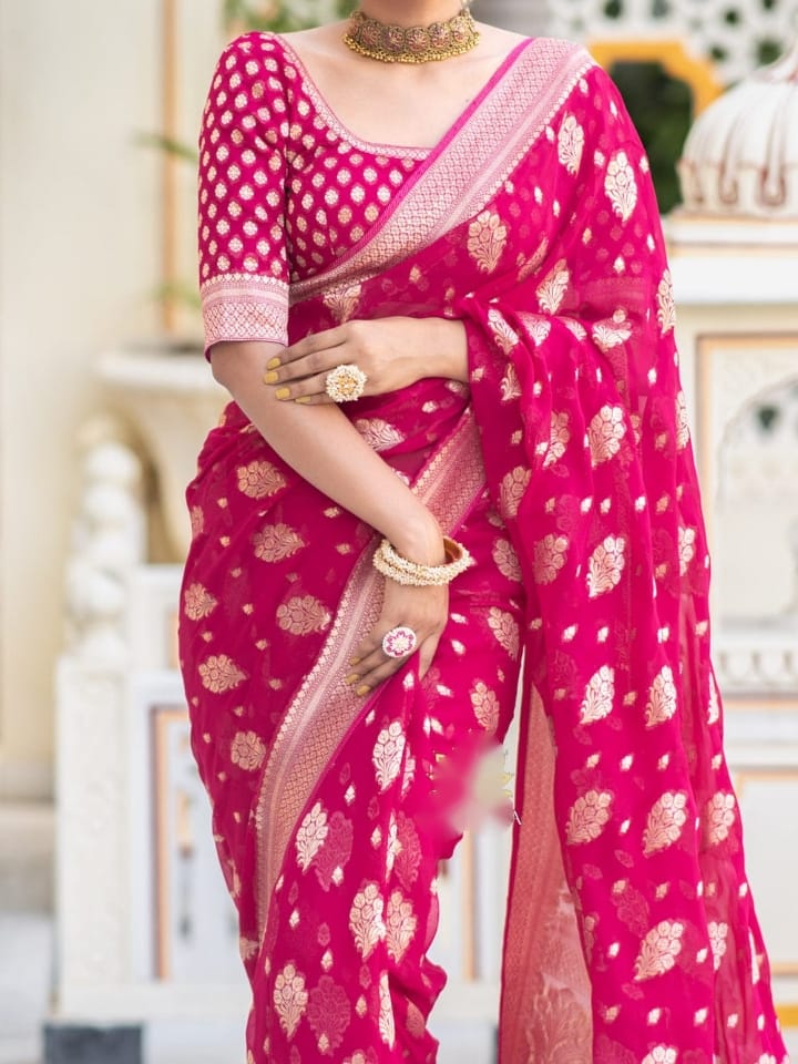 Traditional Wear Jacquard Border Dark Pink Color Saree