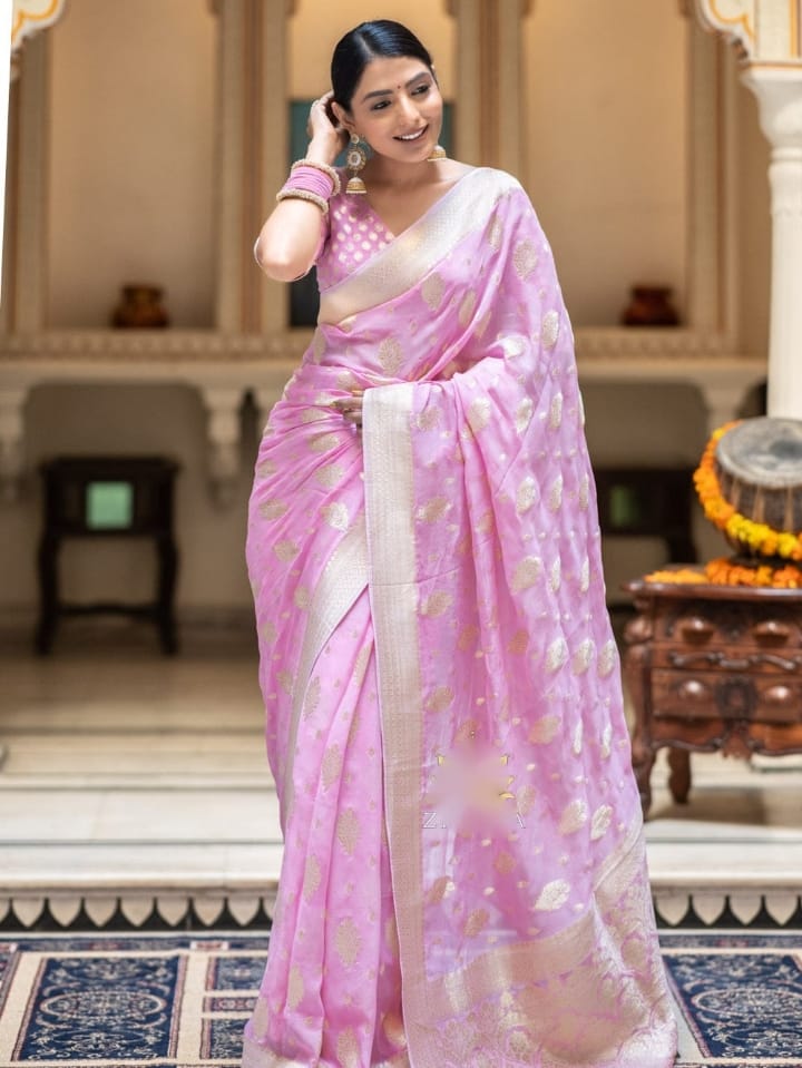 Traditional Wear Jacquard Border Light Pink Blue Color Saree