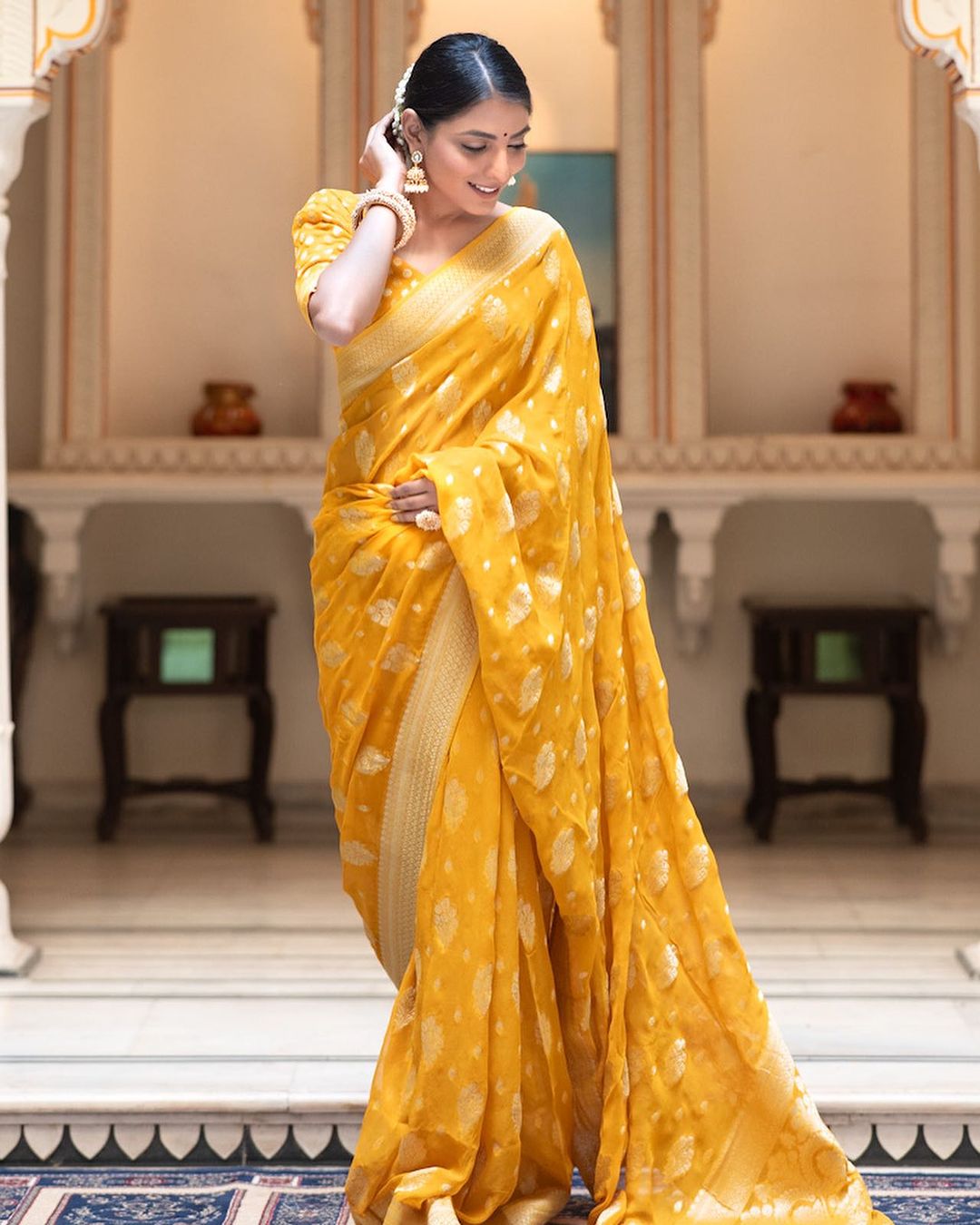 Traditional Wear Jacquard Border Yellow Color Saree