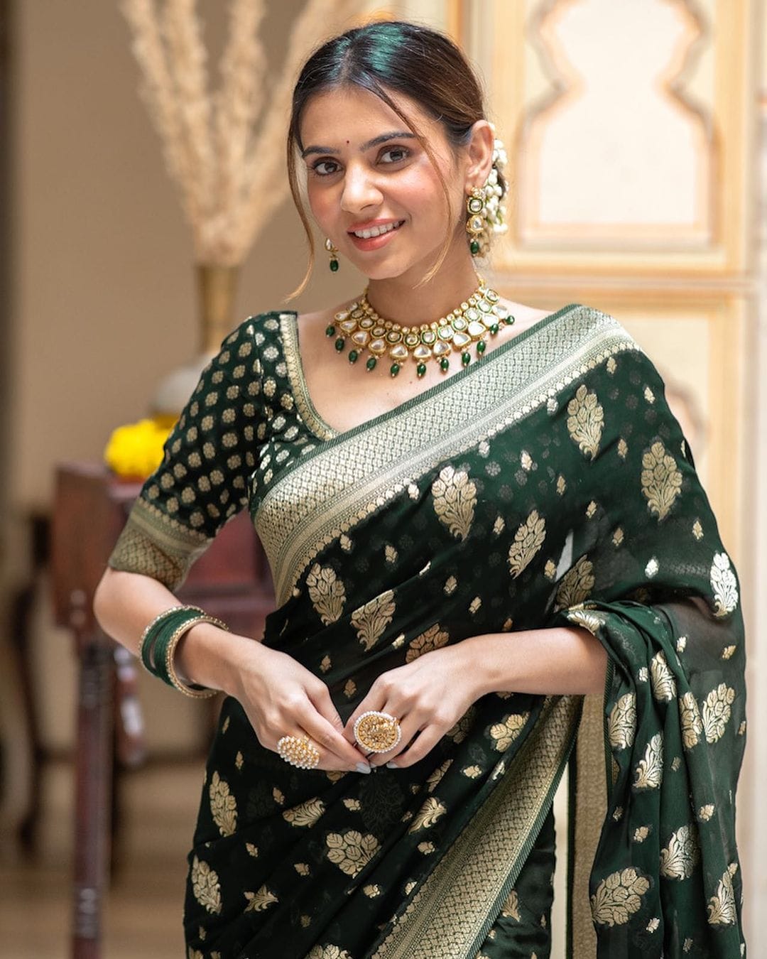 Traditional Wear Jacquard Border Green Color Saree