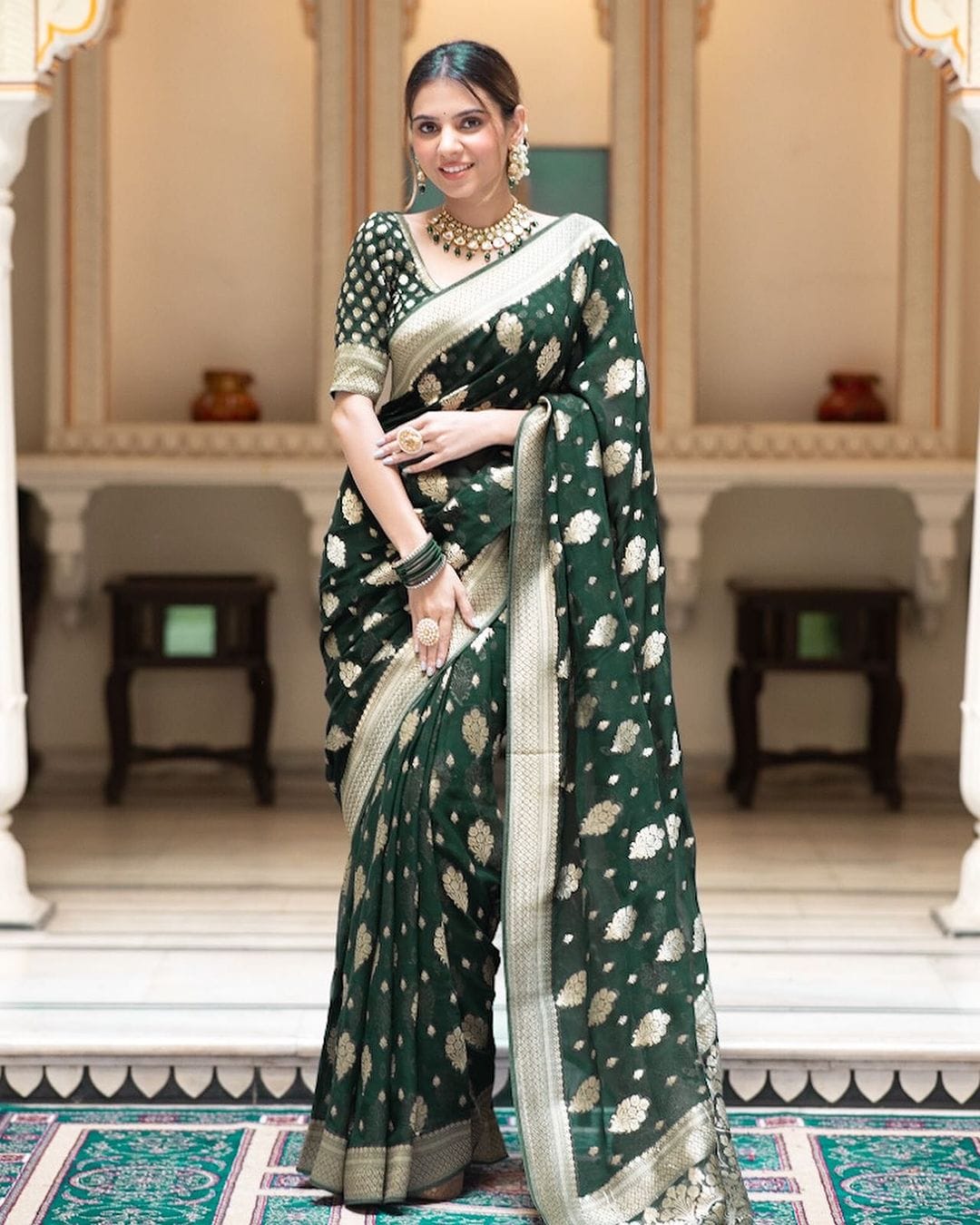 Traditional Wear Jacquard Border Green Color Saree