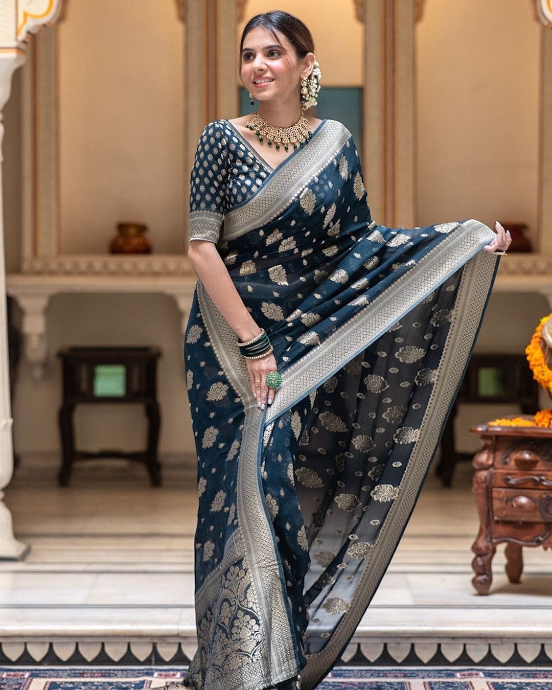 Traditional Wear Jacquard Border Teal Blue Color Saree