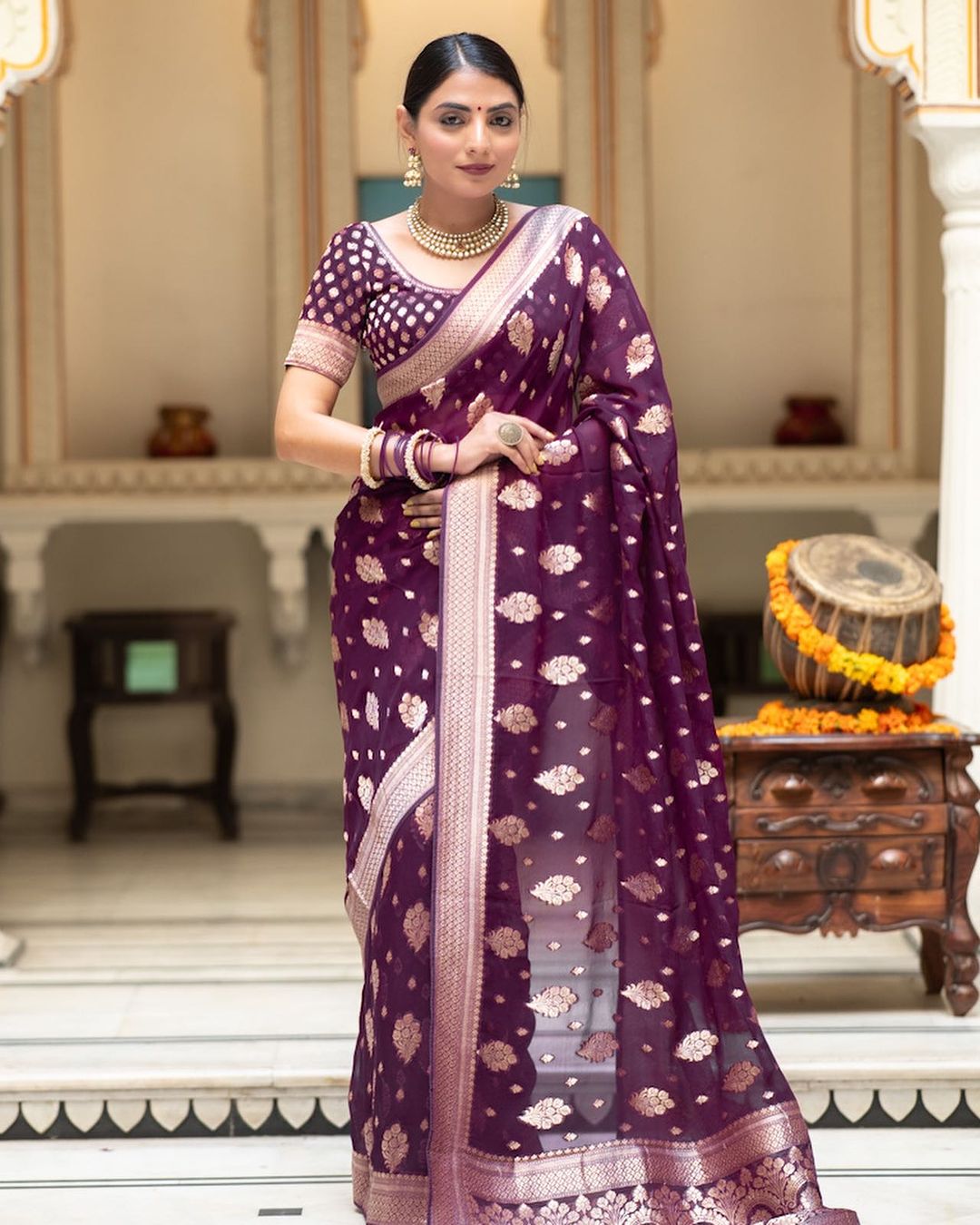 Traditional Wear Jacquard Border Wine Color Saree