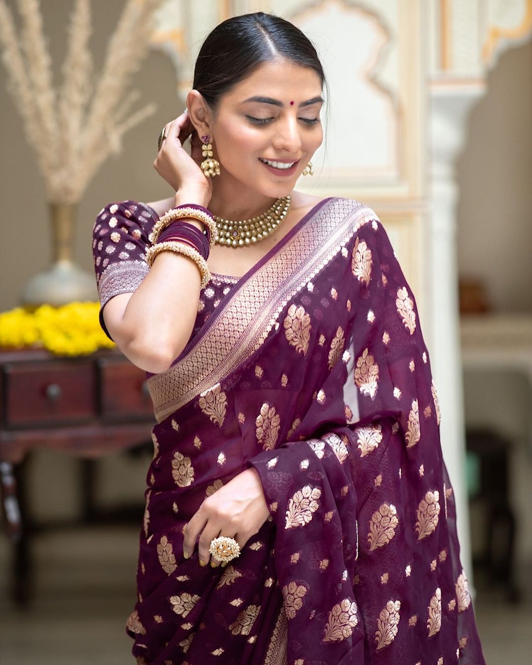 Traditional Wear Jacquard Border Wine Color Saree