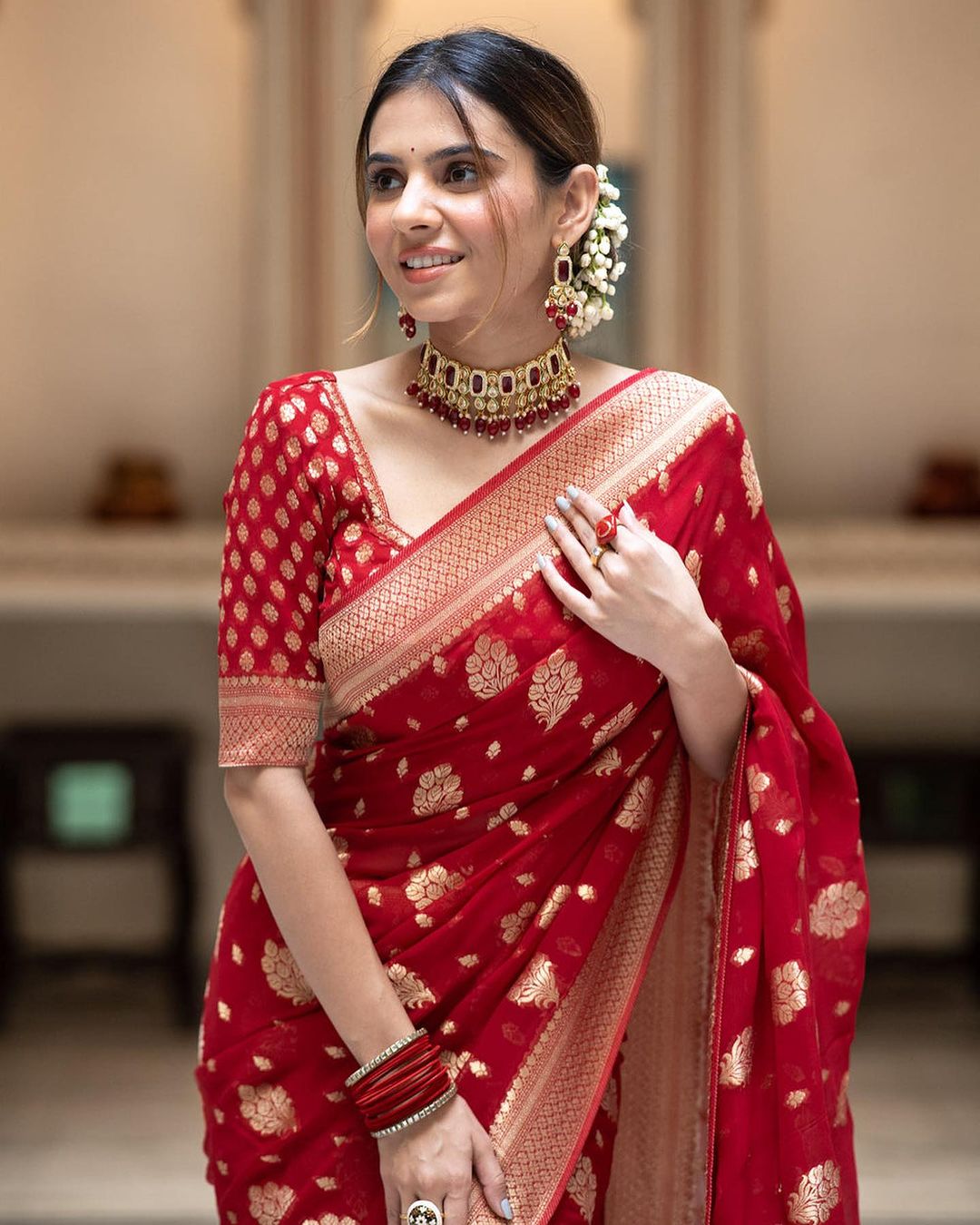 Traditional Wear Jacquard Border Red Color Saree