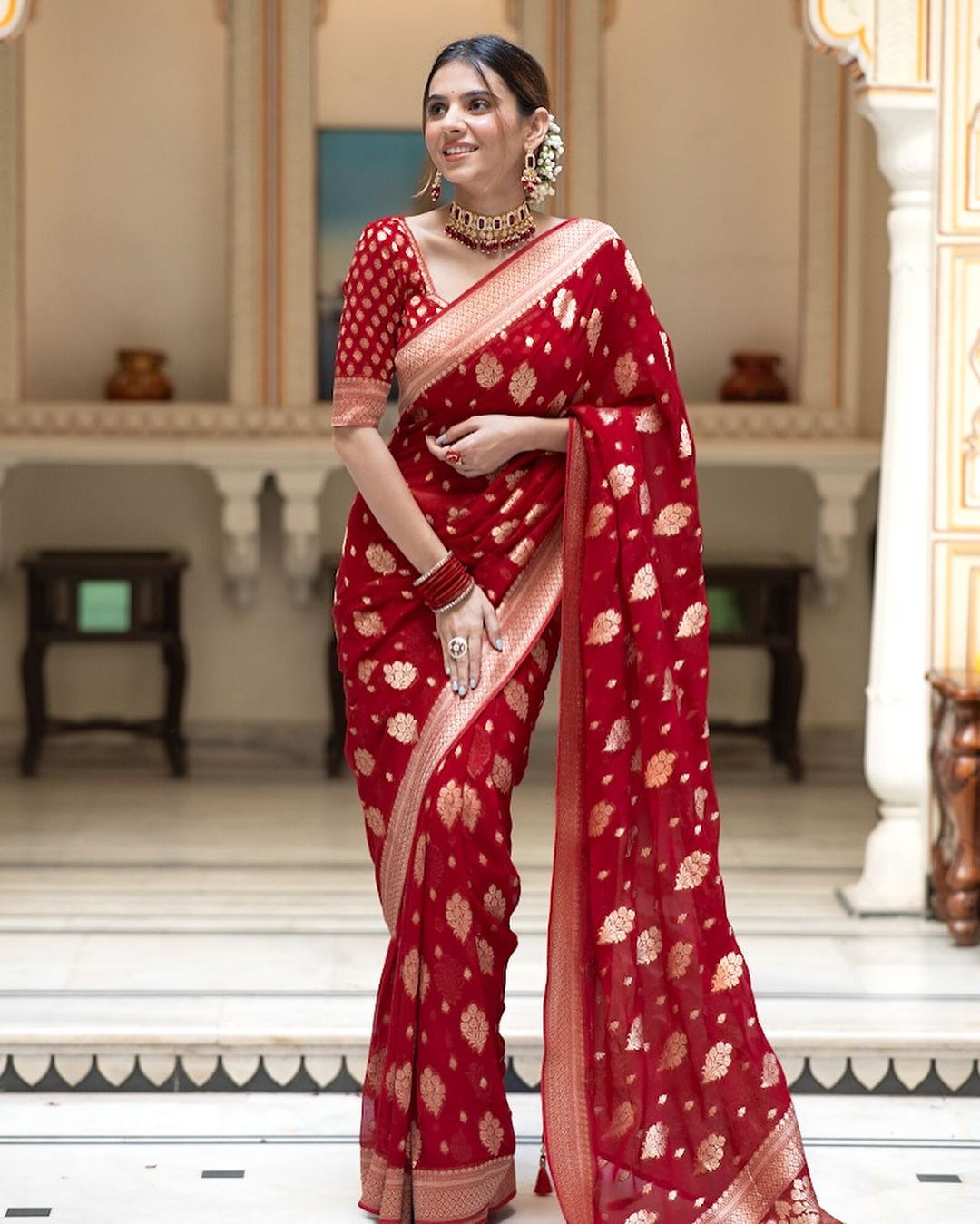 Traditional Wear Jacquard Border Red Color Saree