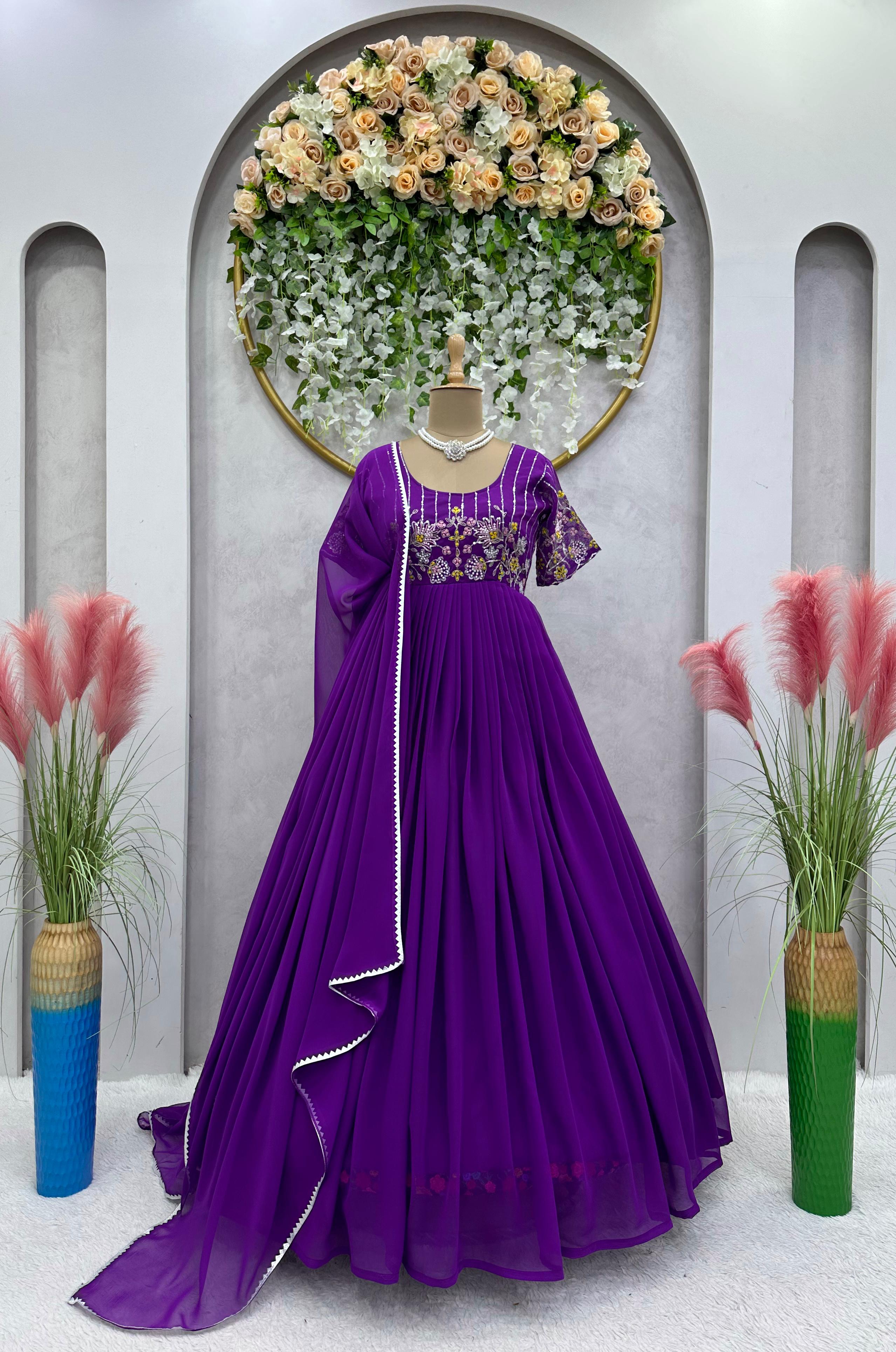 Wedding Wear Purple Color Fancy Work Long Gown