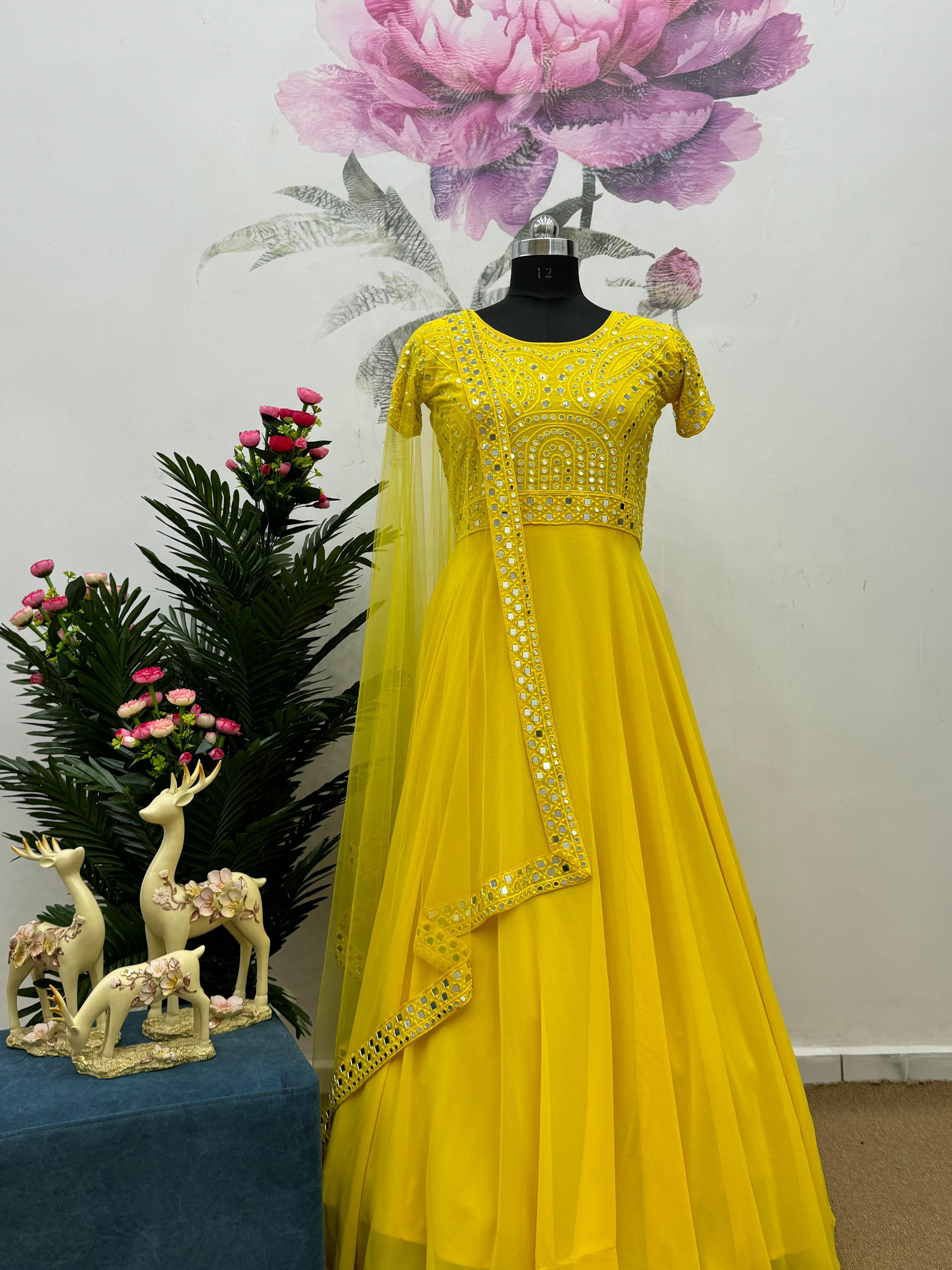 Attractive Thread With Mirror Work Yellow Gown With dupatta