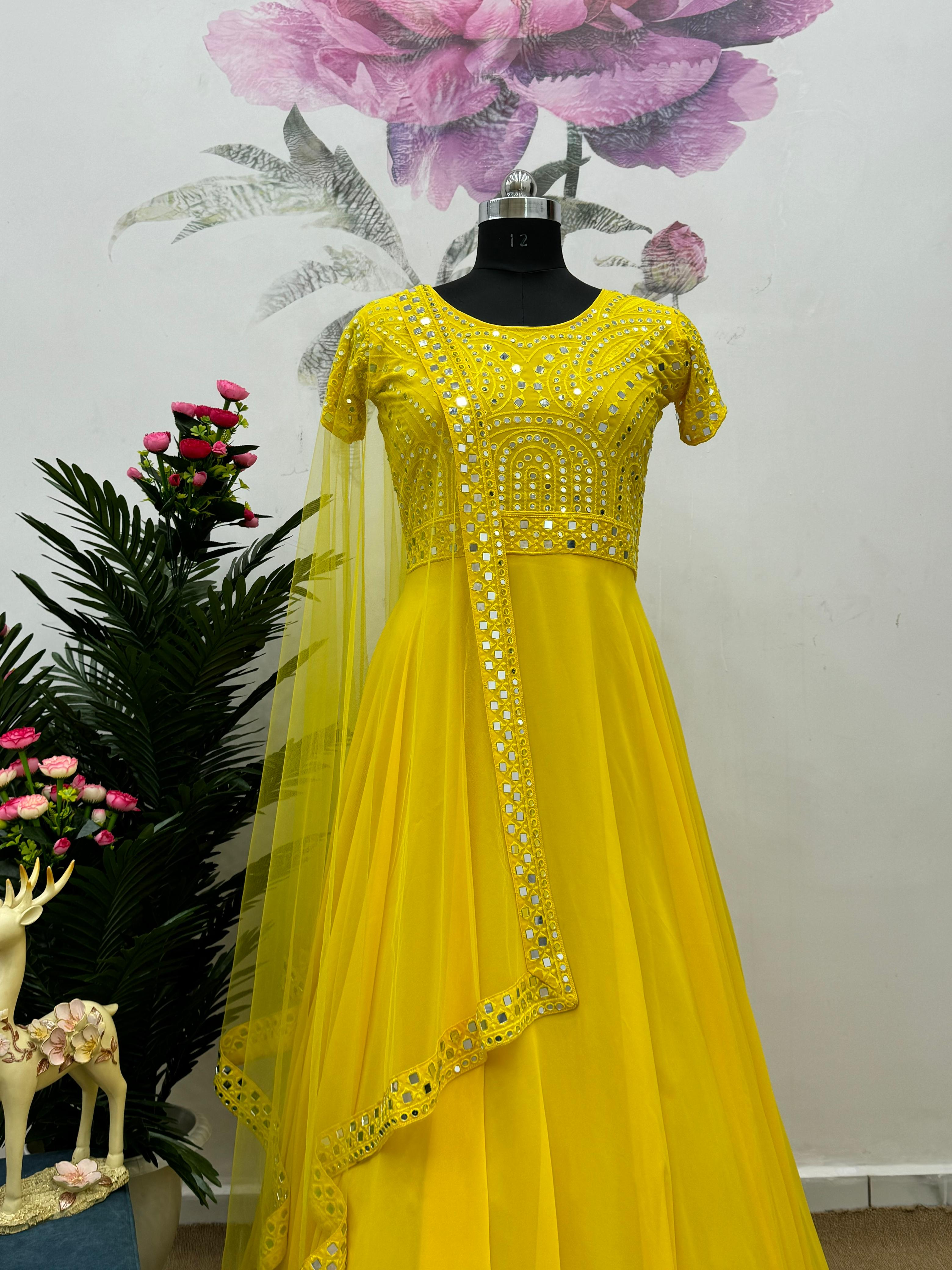 Attractive Thread With Mirror Work Yellow Gown With dupatta