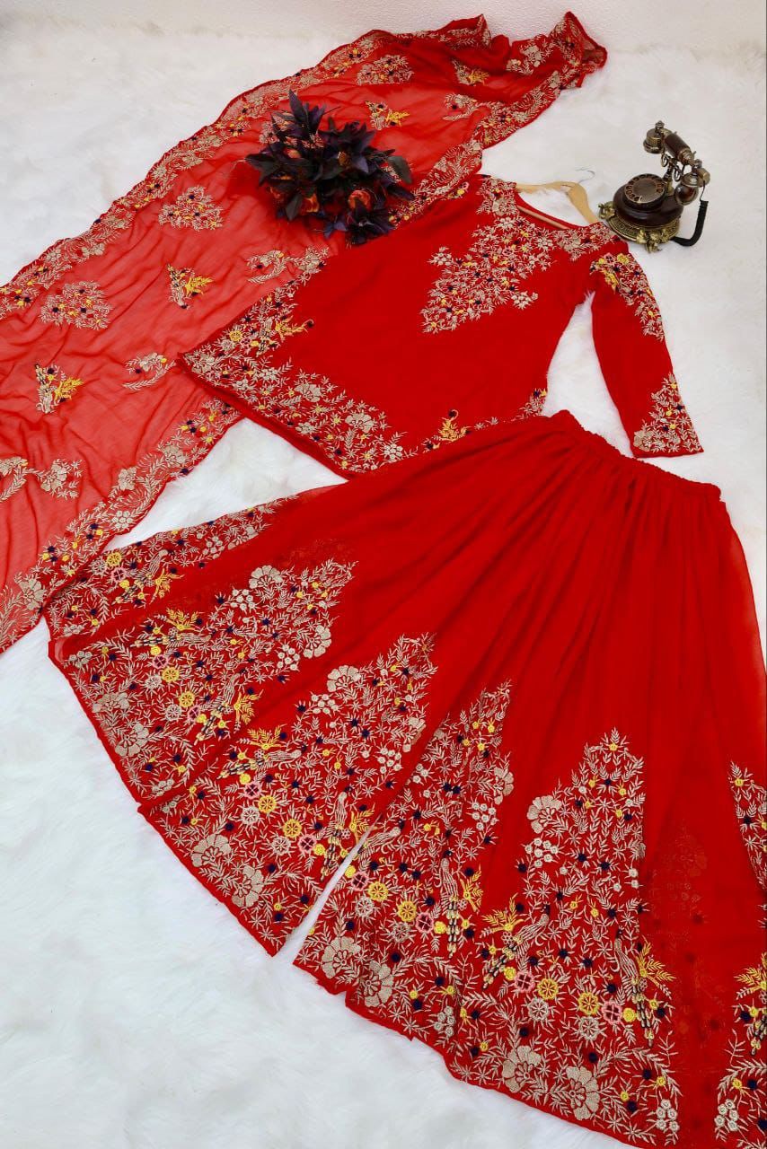 Graceful Embroidery Work Red Color Sharara Suit