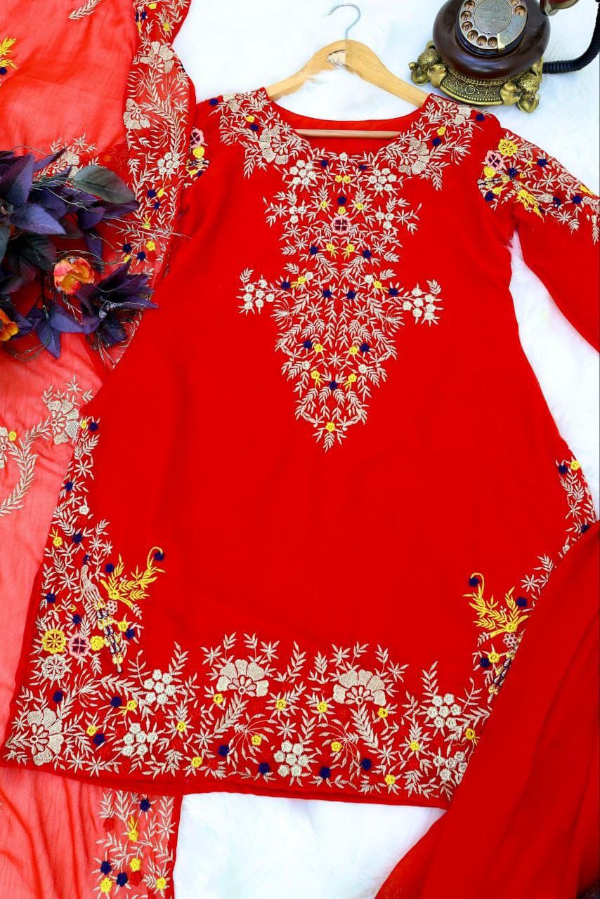 Graceful Embroidery Work Red Color Sharara Suit