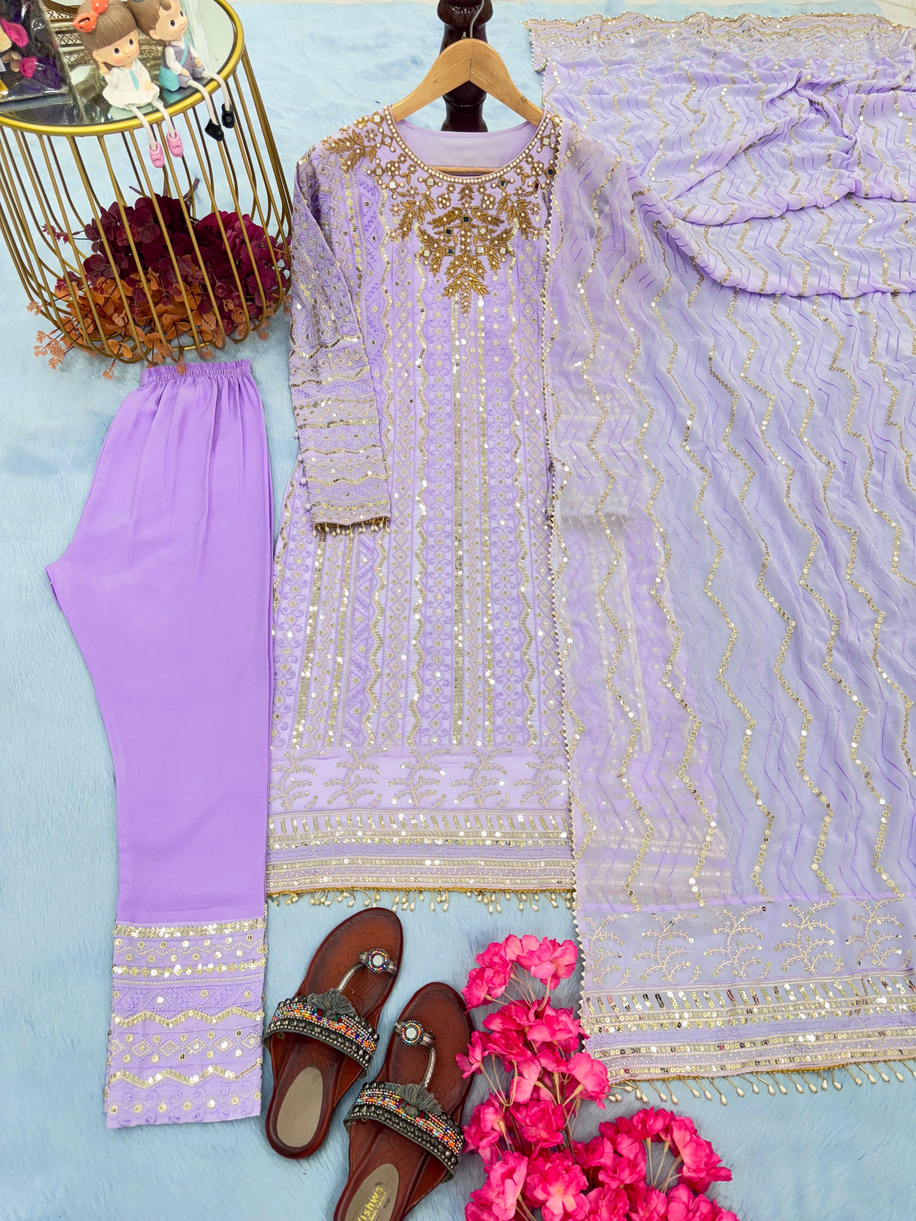 Sequence Work Georgette Lavender Color Kurti Set