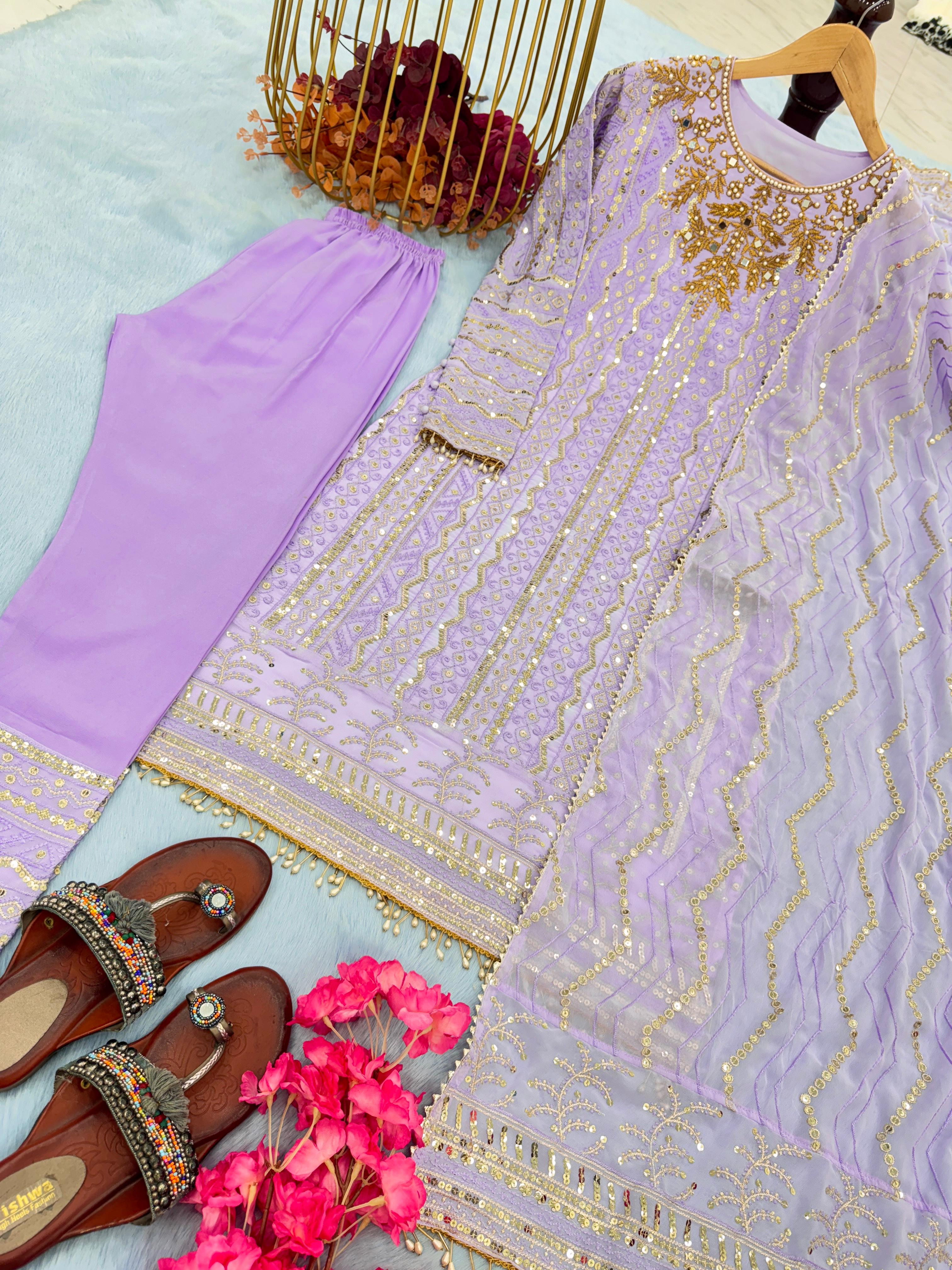 Sequence Work Georgette Lavender Color Kurti Set