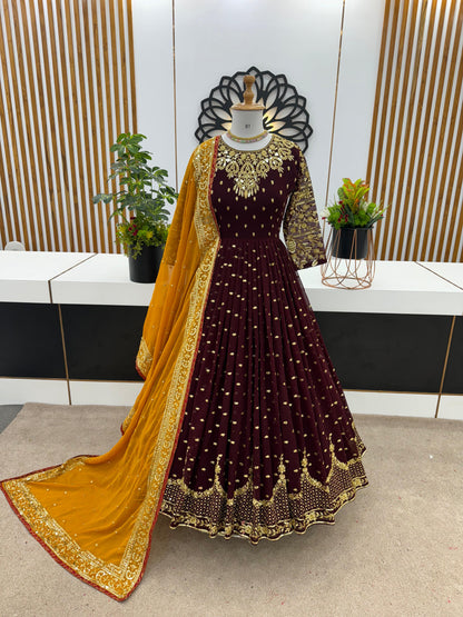 Wedding Brown Color Embroidery  Work Gown