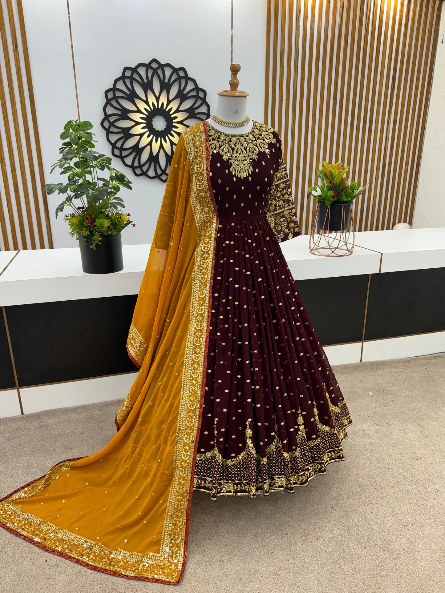 Wedding Brown Color Embroidery  Work Gown