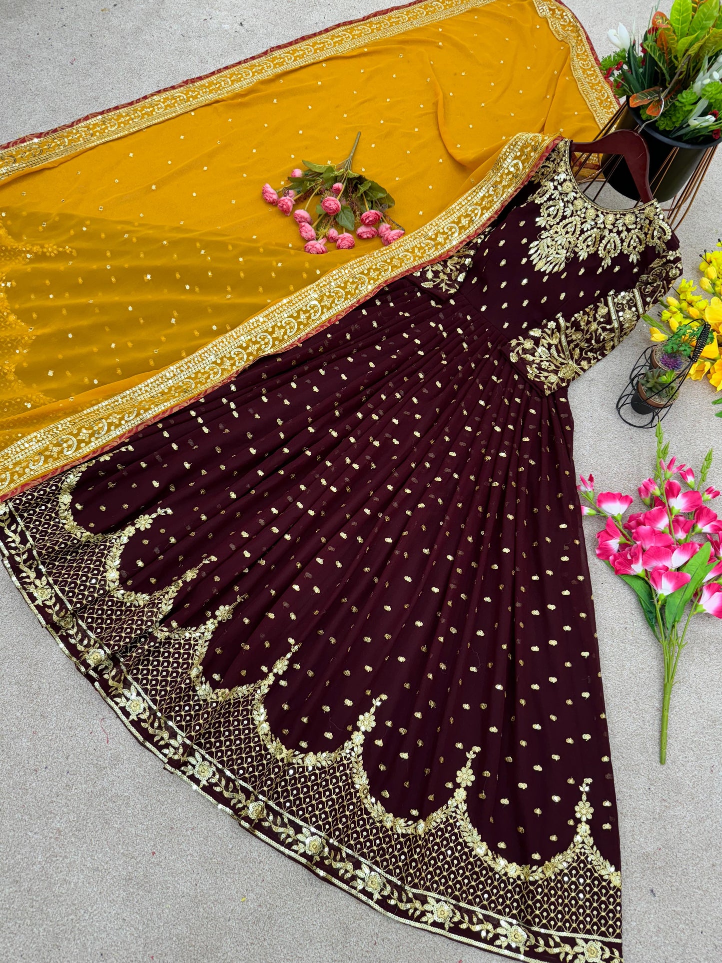 Wedding Brown Color Embroidery  Work Gown