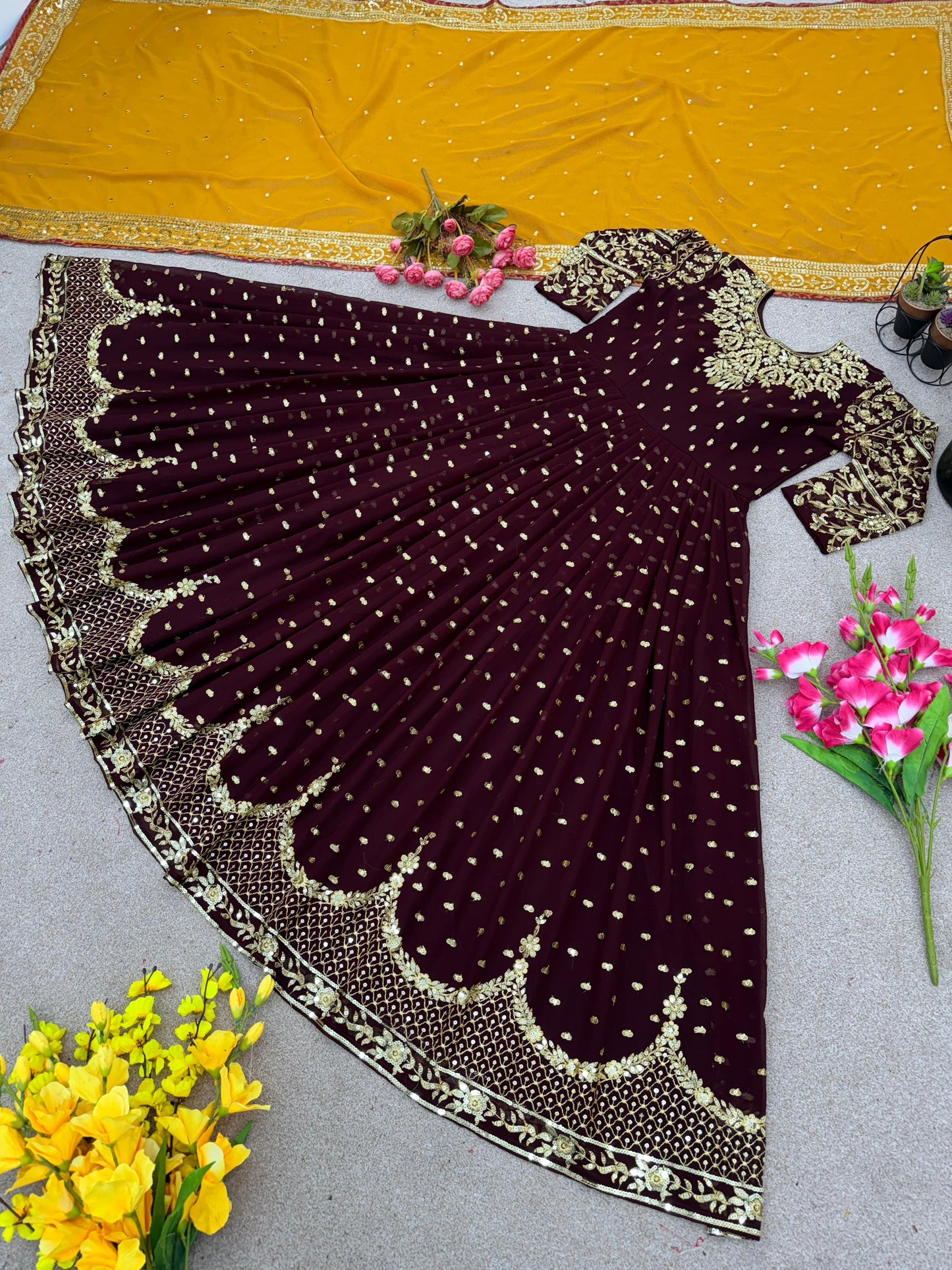 Wedding Brown Color Embroidery  Work Gown